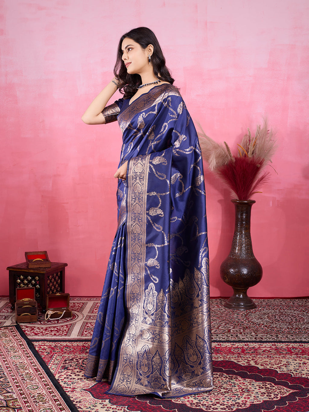Navy Blue Litchi Silk Banarasi Saree with Jacquard Patterns
