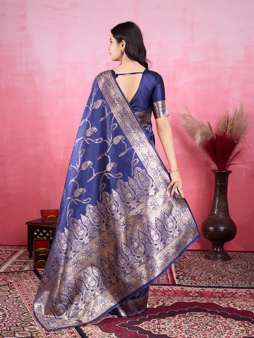 Navy Blue Litchi Silk Banarasi Saree with Jacquard Patterns