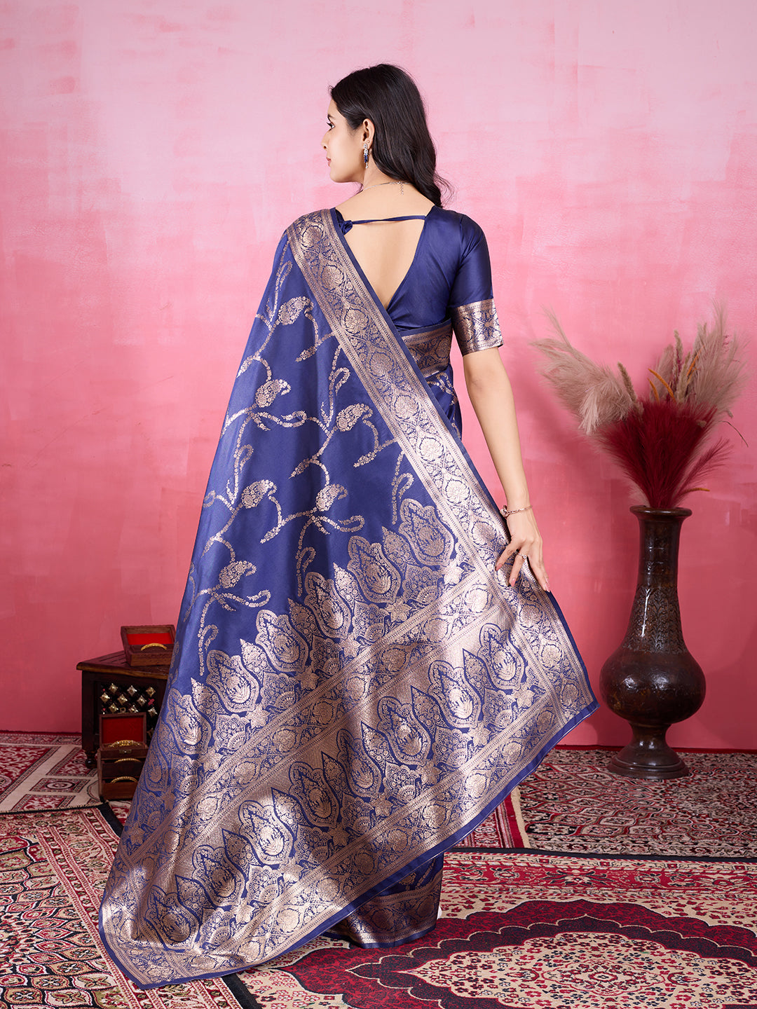 Navy Blue Litchi Silk Banarasi Saree with Jacquard Patterns