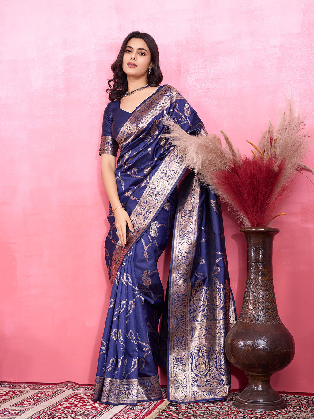 Navy Blue Litchi Silk Banarasi Saree with Jacquard Patterns