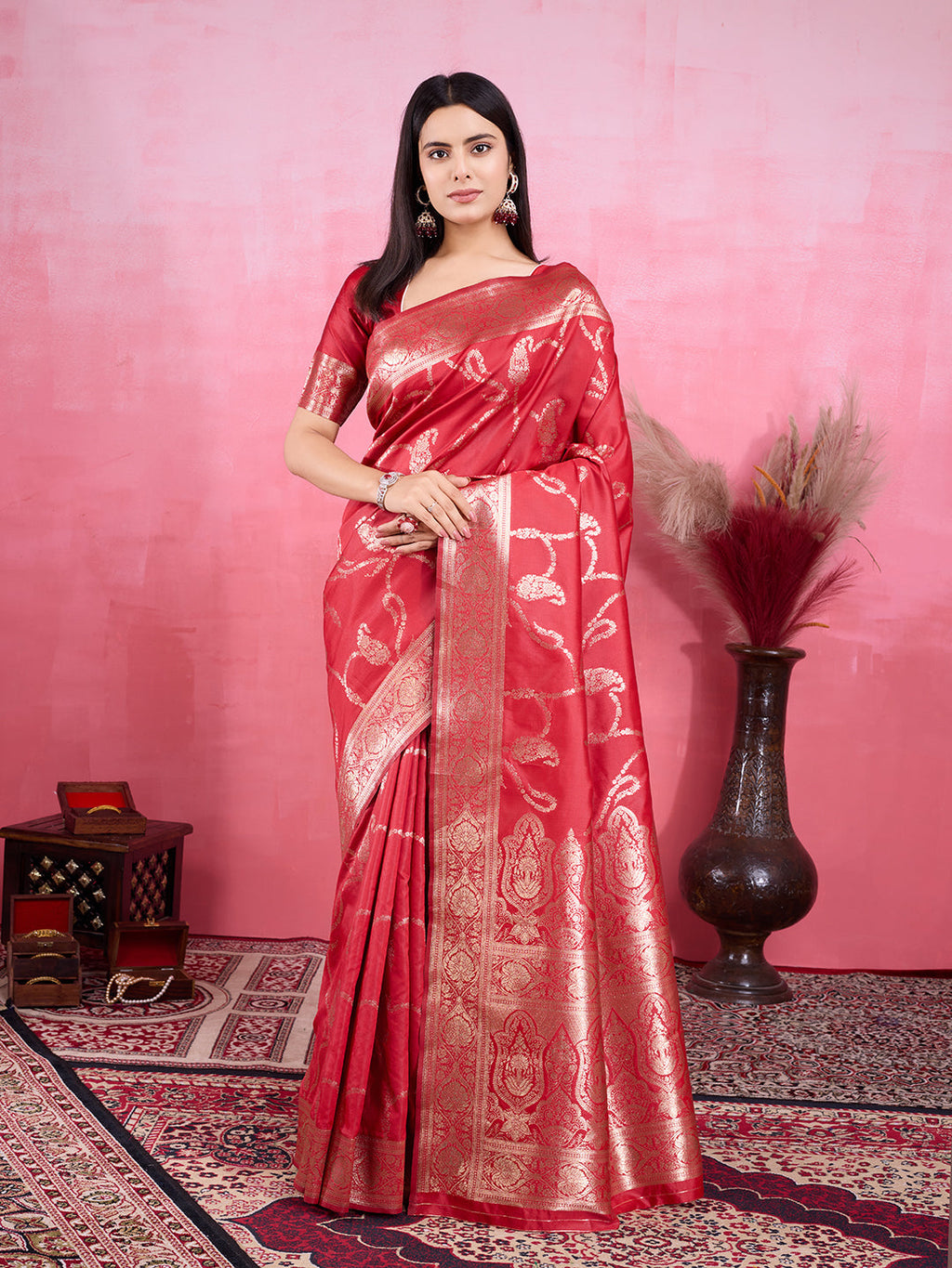 Red Litchi Banarasi Silk saree with golden Jacquard Zari work
