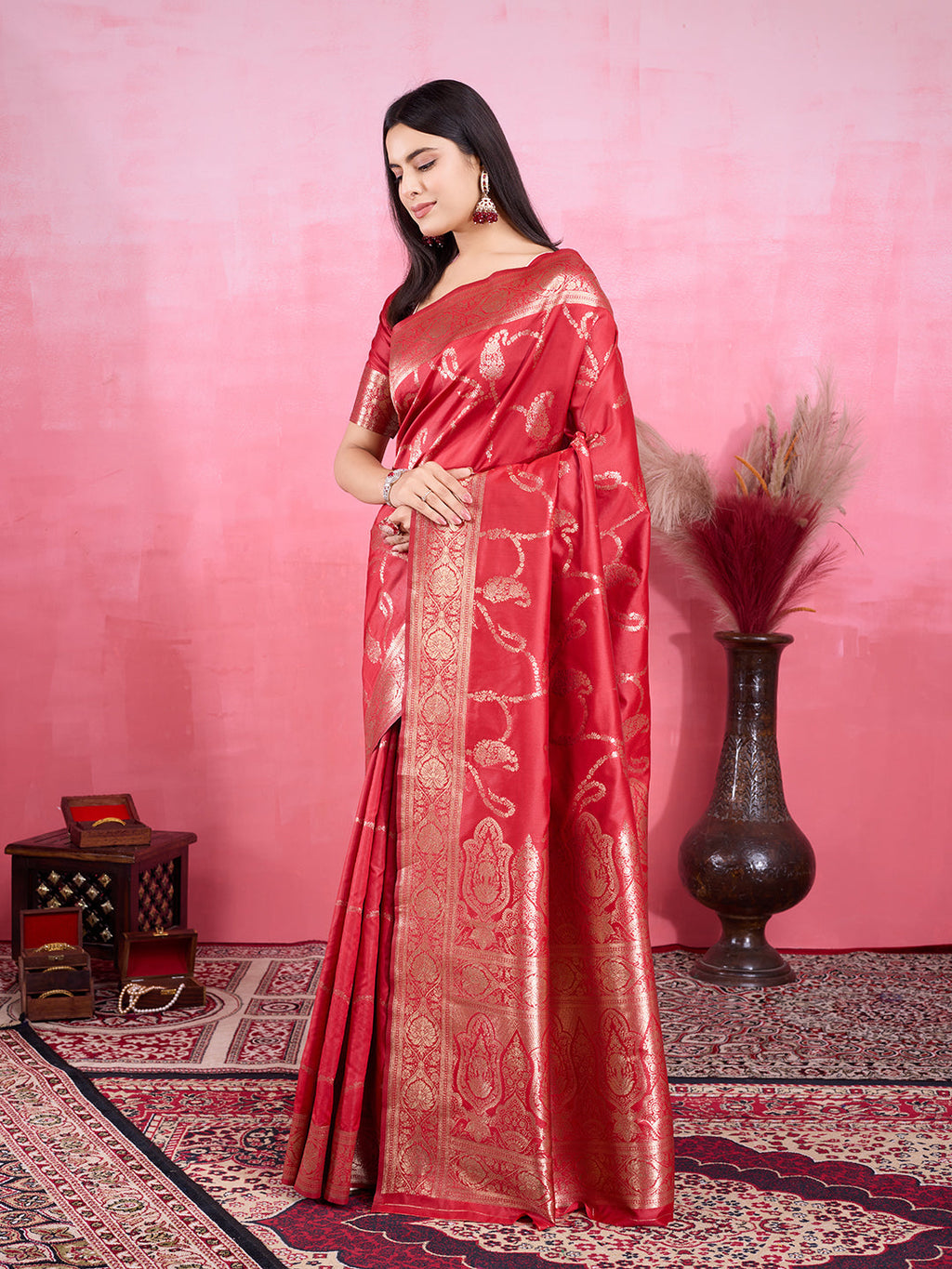 Red Litchi Banarasi Silk Saree with Jacquard Zari Work