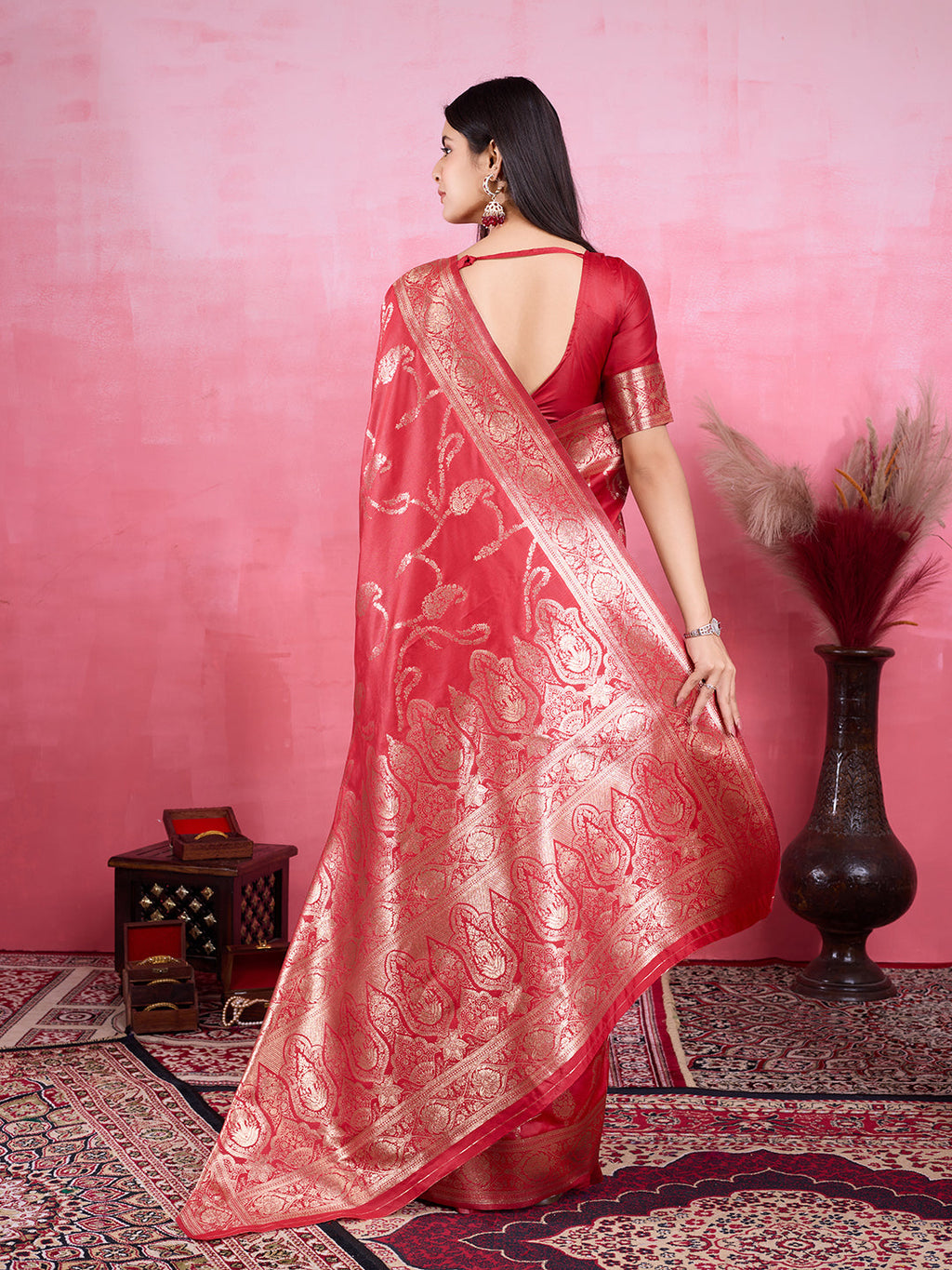 Red Litchi Banarasi Silk Saree with Jacquard Zari Work