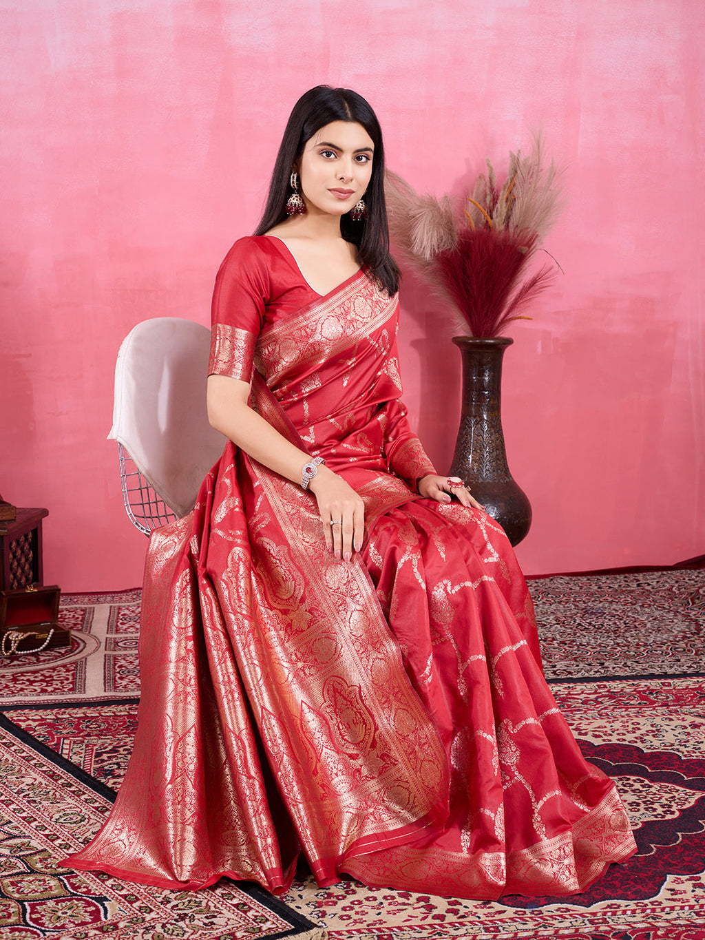 Red Litchi Banarasi Silk Saree with Jacquard Zari Work