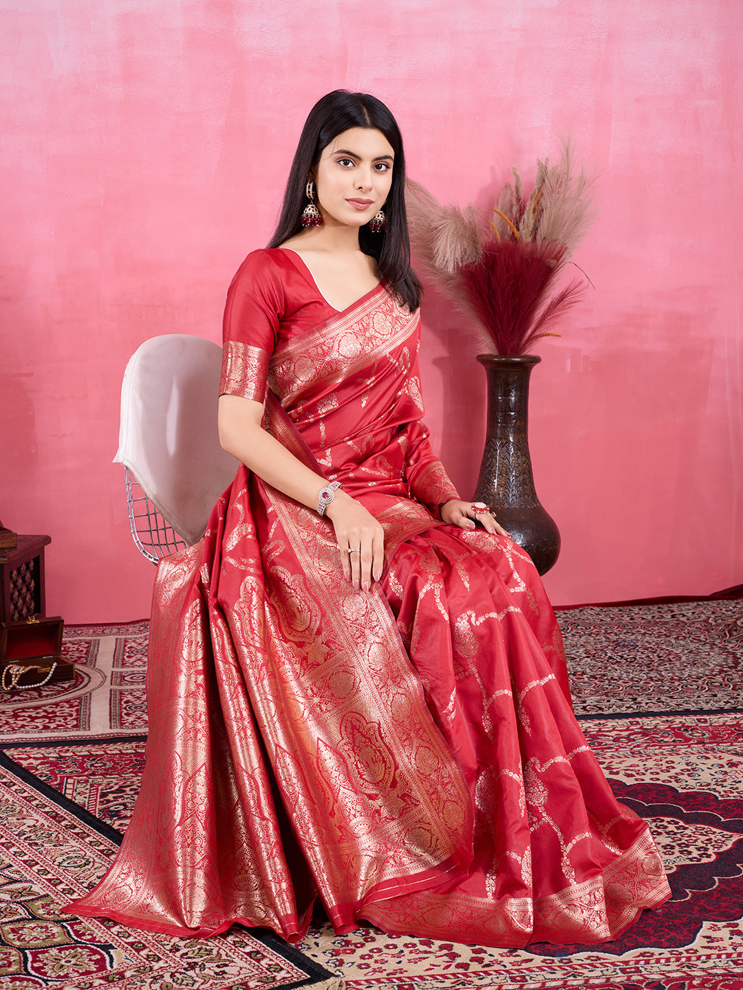 Red Litchi Banarasi Silk Saree with Jacquard Zari Work