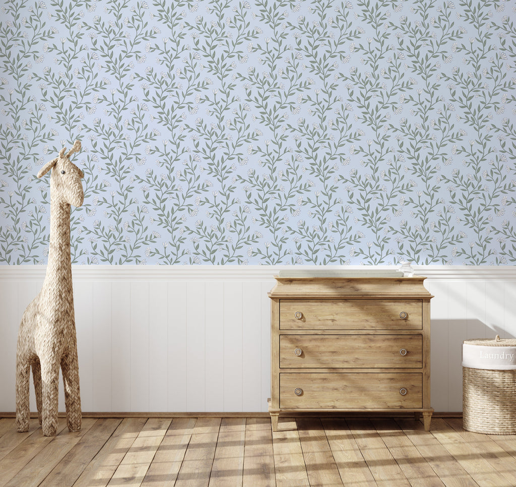 Kali Floral Wallpaper in Light Blue, Sage Green and White