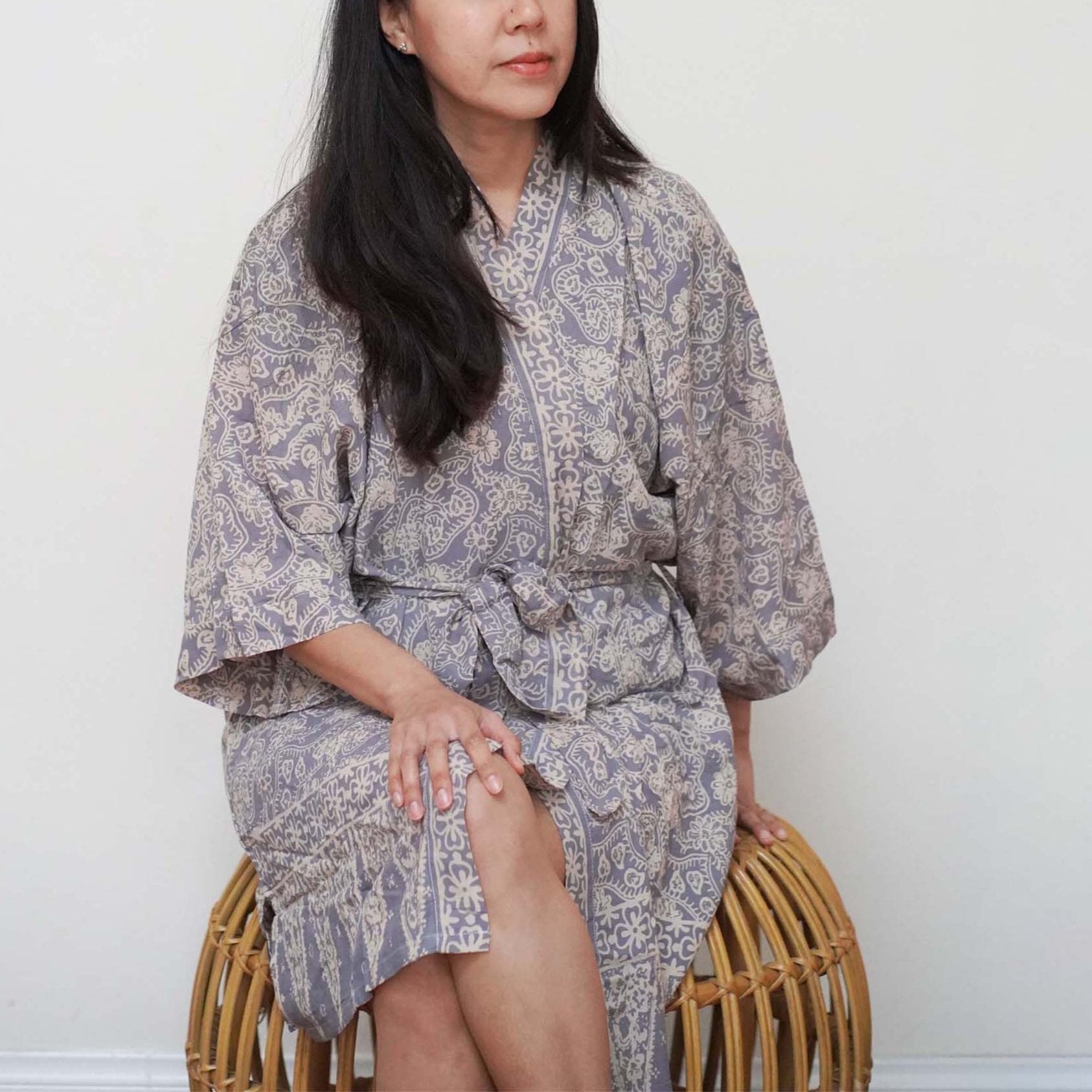 Hand Dyed Batik Robe Kimono, 100% Cotton, Gray, Silver Petals
