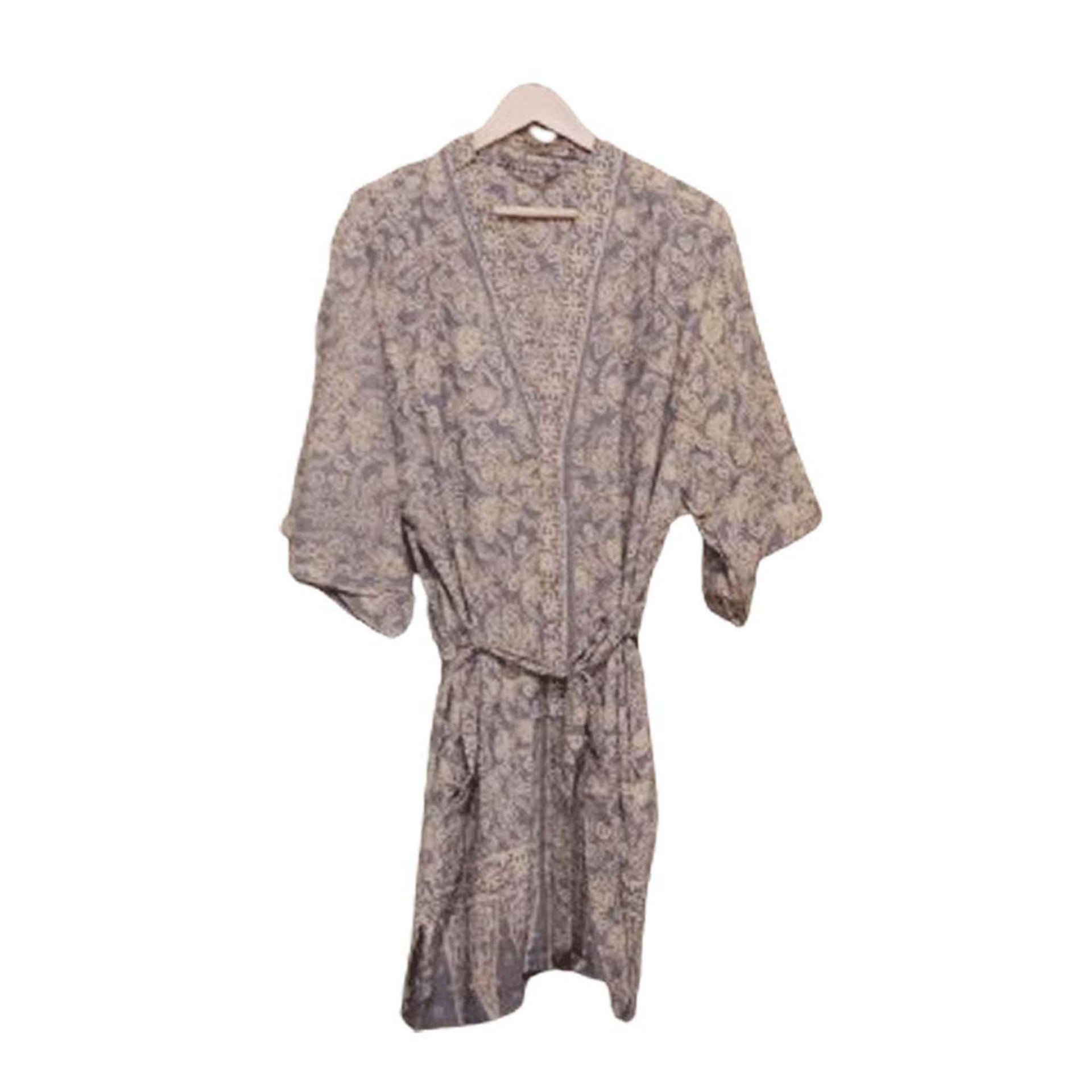 Hand Dyed Batik Robe Kimono, 100% Cotton, Gray, Silver Petals