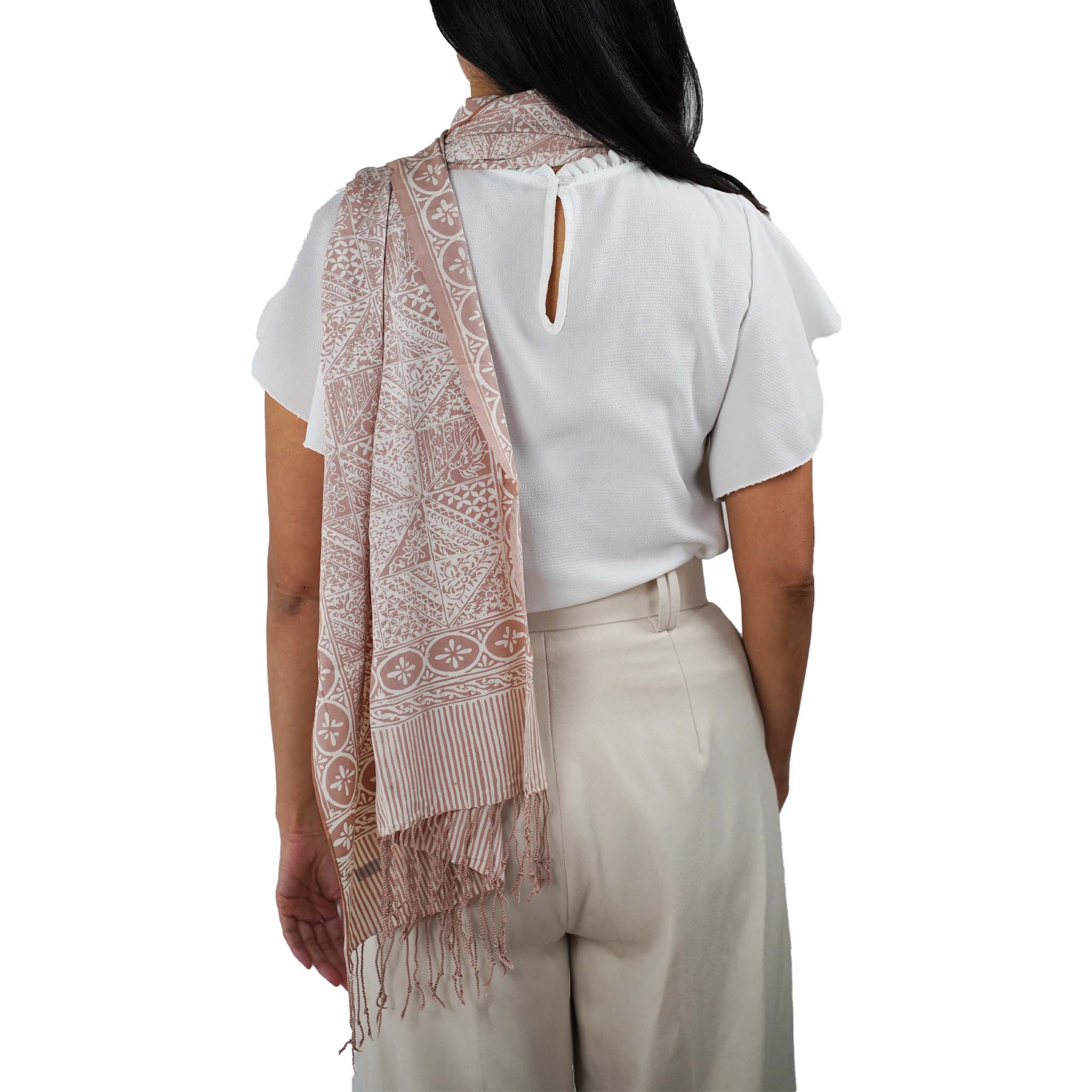 Handmade Batik Scarf - soft Cotton - Apricot Grid, Peach, Coral