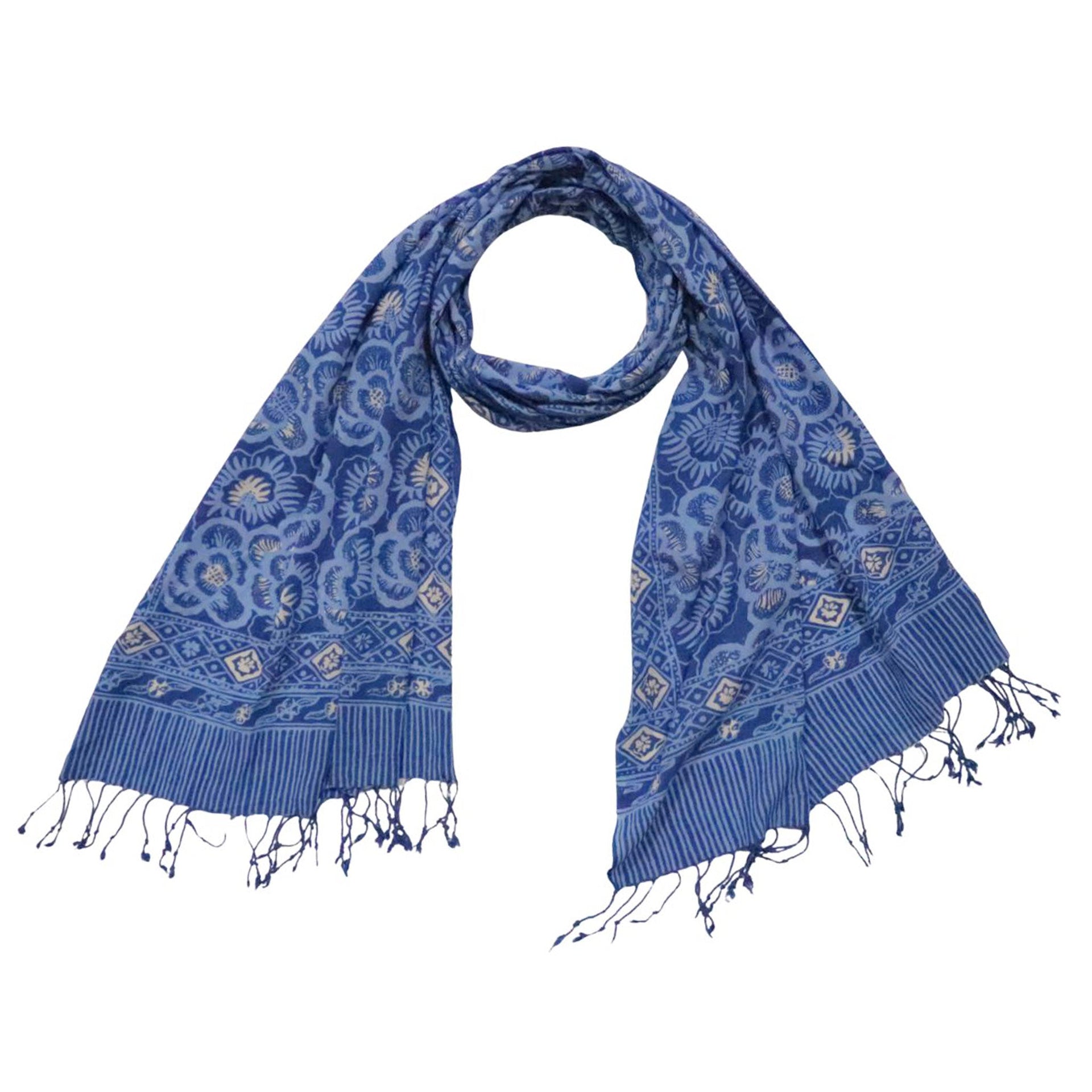 Hand Dyed Batik Scarf - Soft Cotton, Blue Roses, White, Floral, Flower