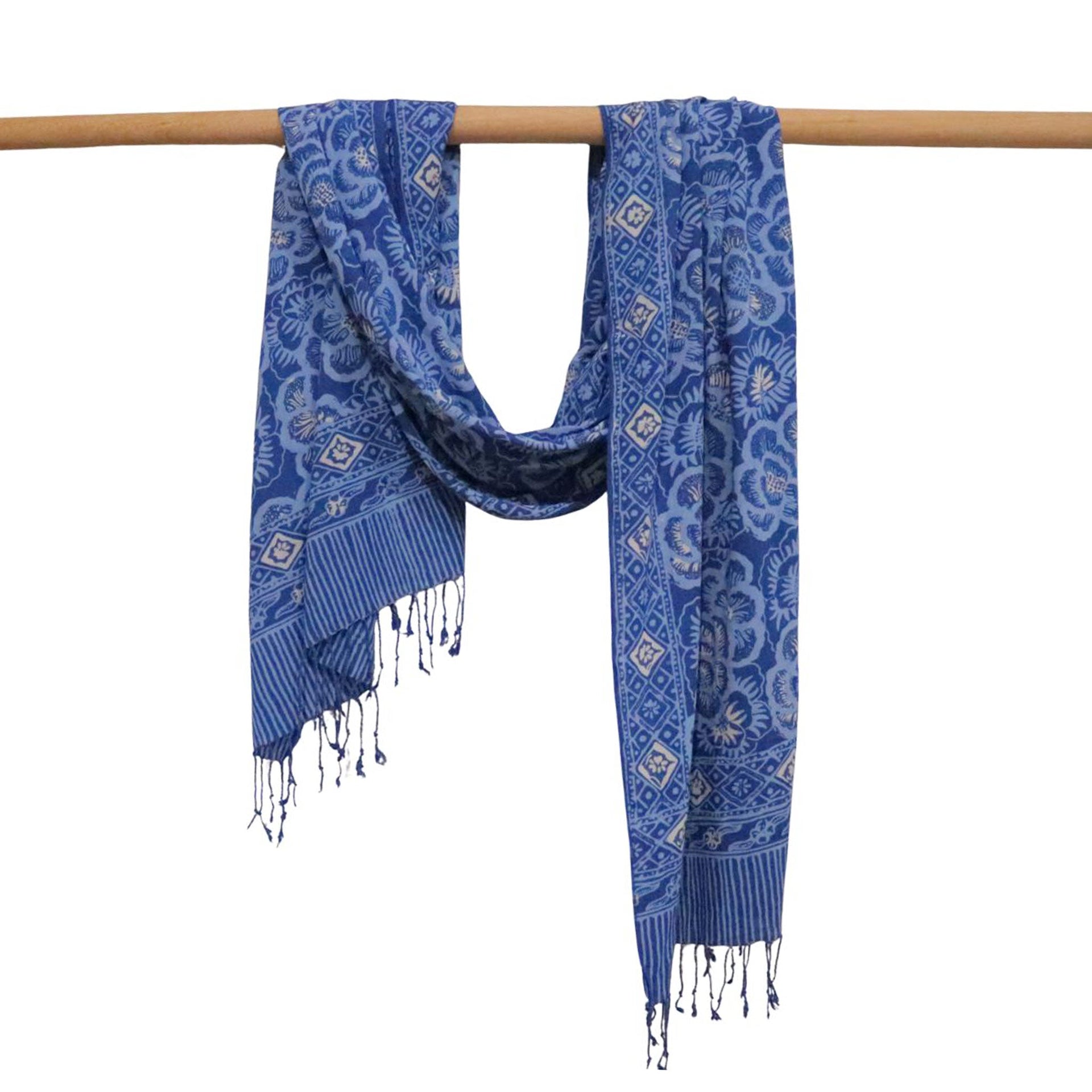 Hand Dyed Batik Scarf - Soft Cotton, Blue Roses, White, Floral, Flower