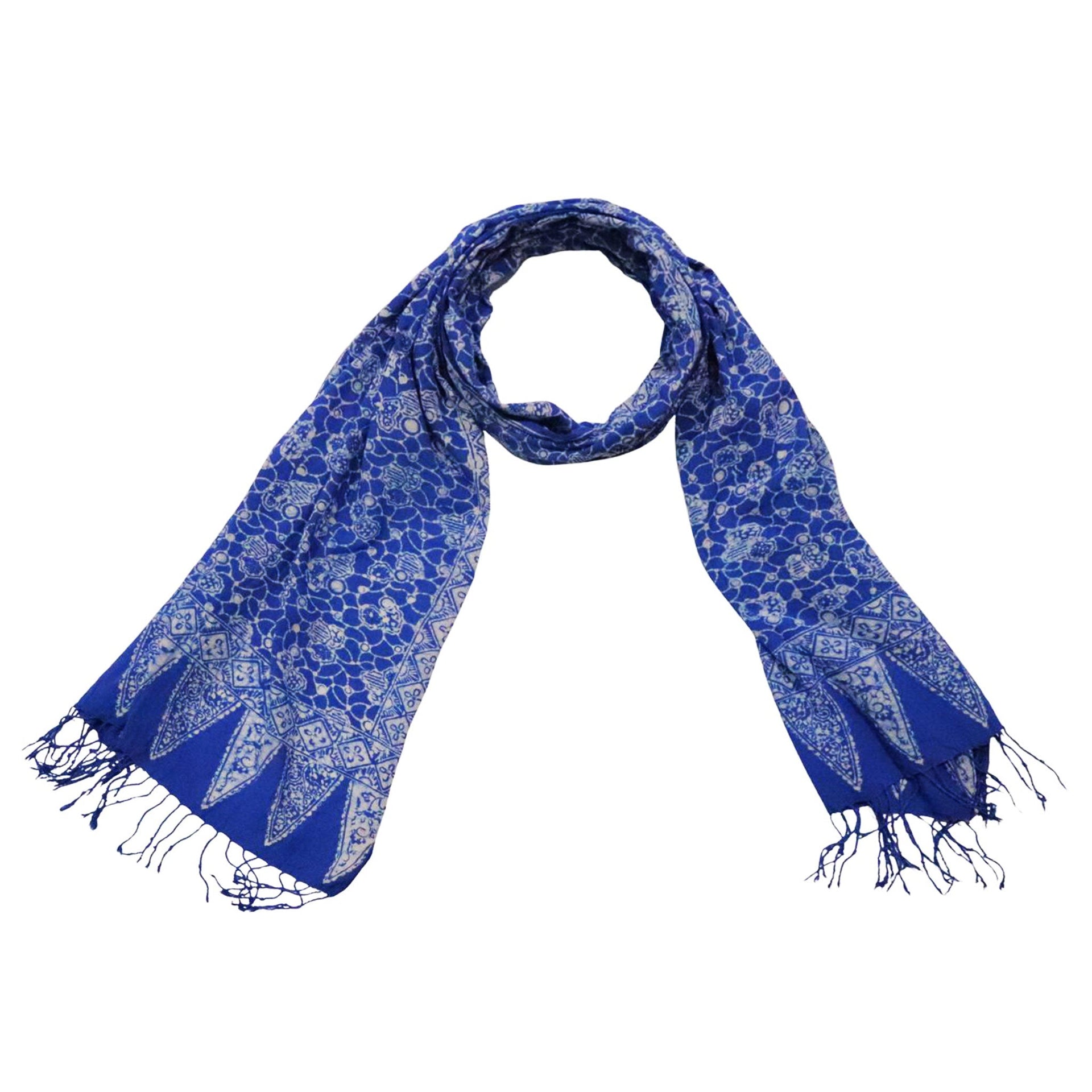 Handmade Batik Scarf, soft Cotton, Boulder, Blue, Light Blue, White