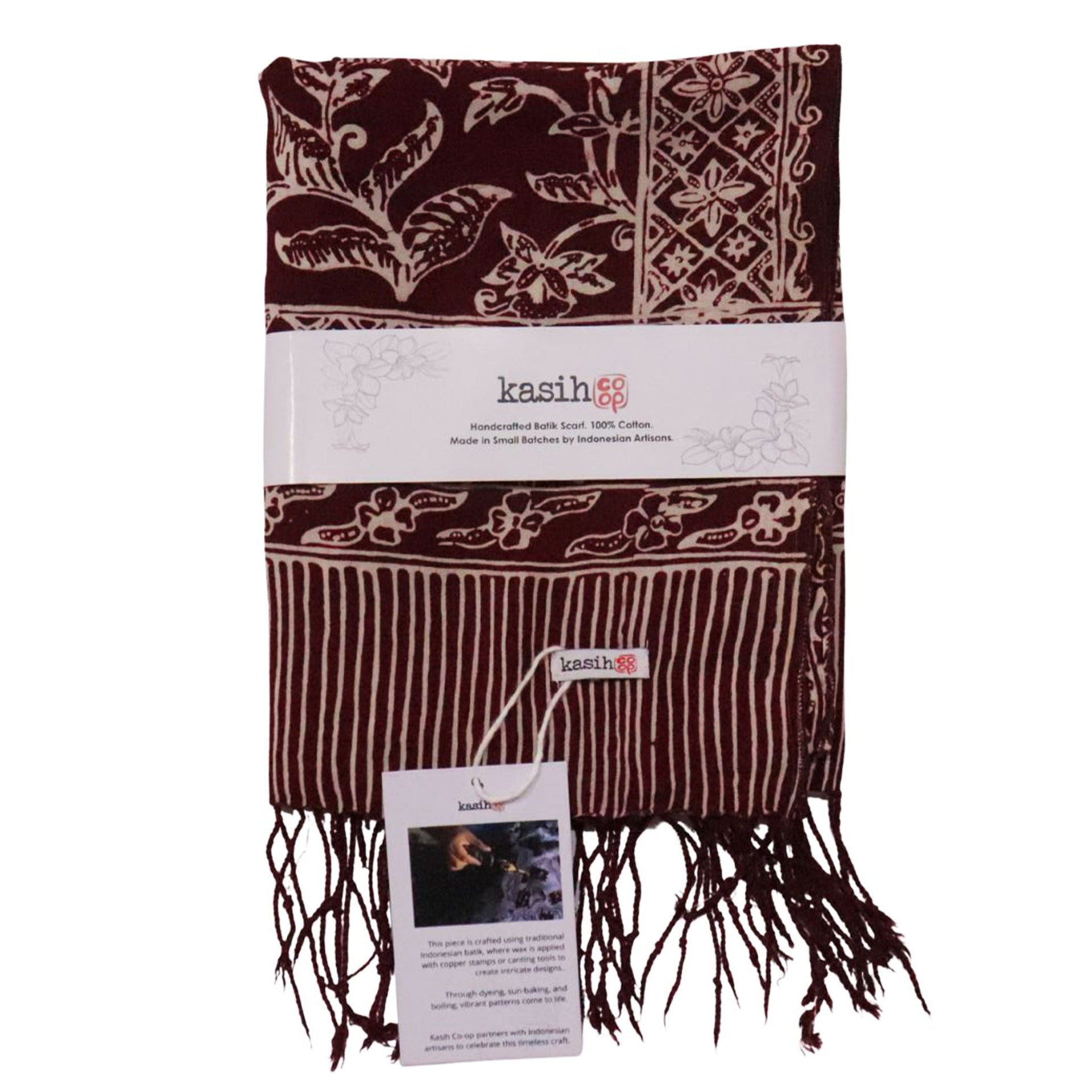 Handmade Batik Scarf, soft Cotton, Red White Cherish, Burgundy