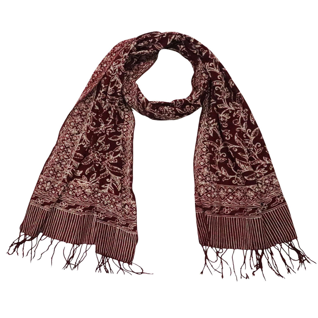 Handmade Batik Scarf, soft Cotton, Red White Cherish, Burgundy