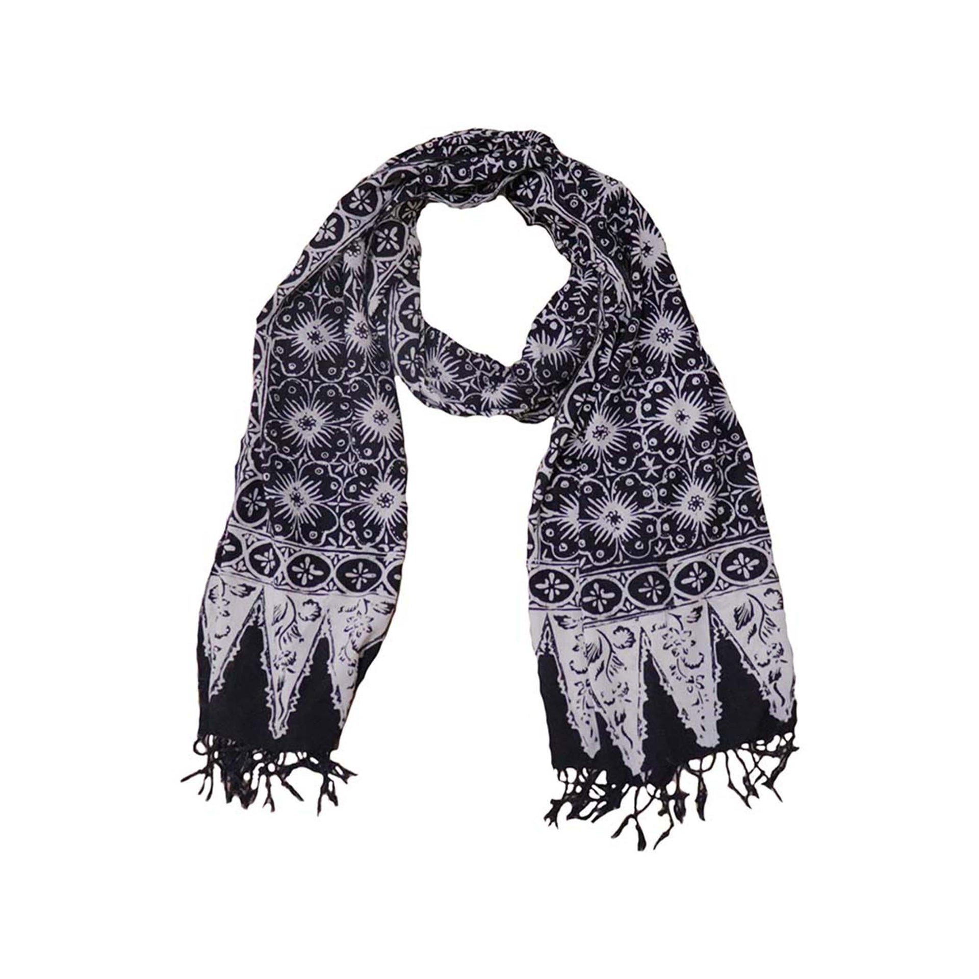 Handmade Batik Scarf - Cotton - Hibiscus Flower, Black, White