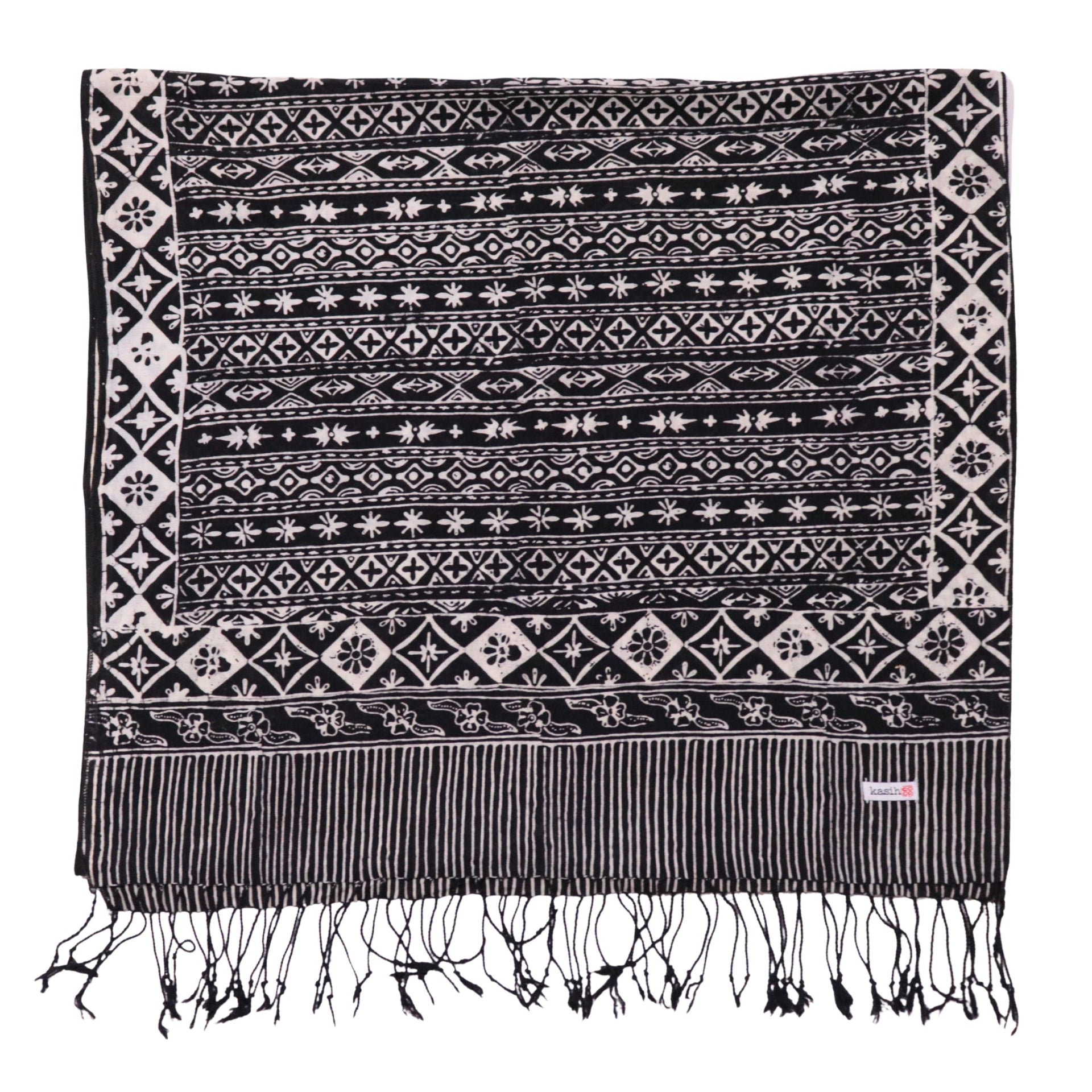 Hand Dyed Batik Scarf, 100% Cotton Fabric, Black White, Geometric