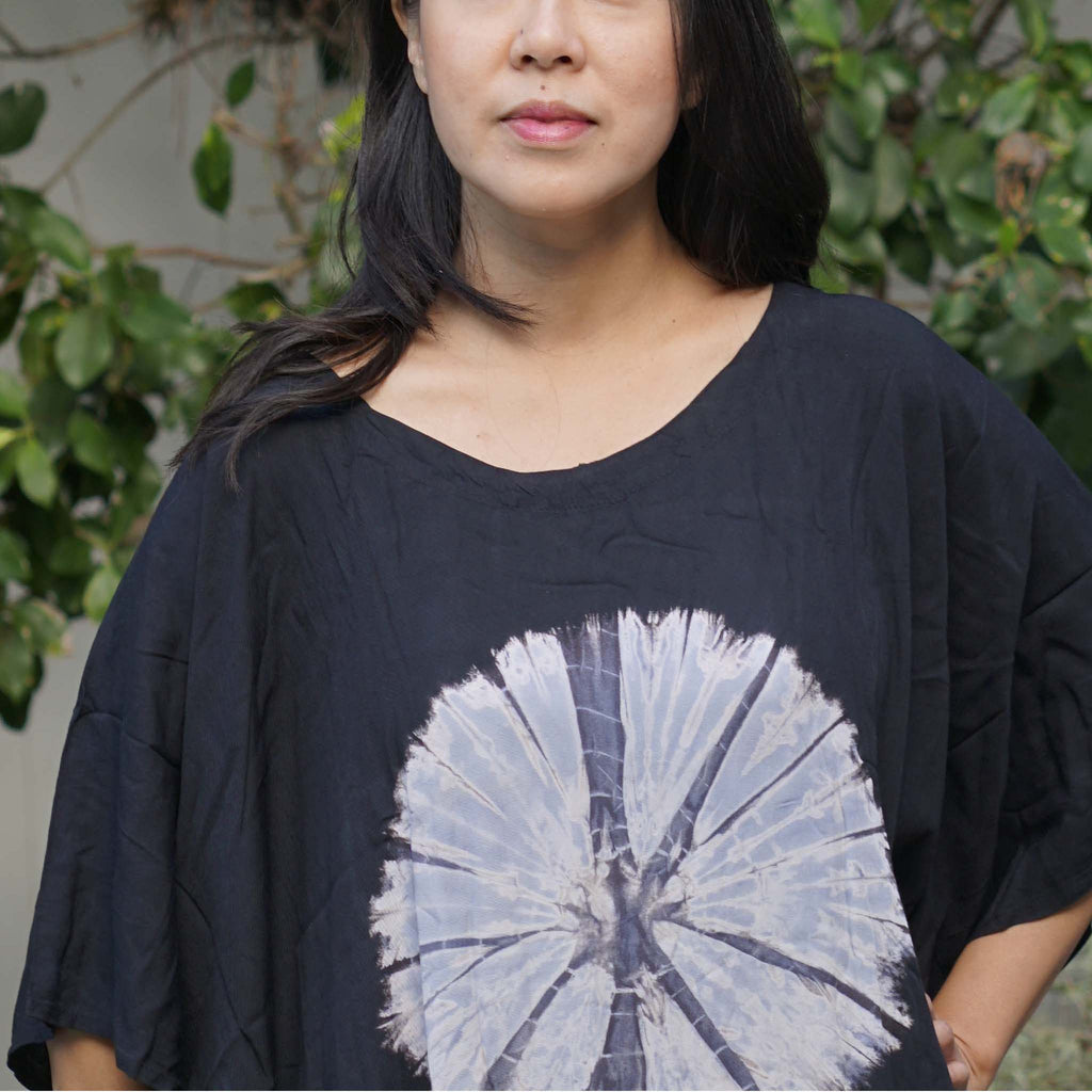 Kaftan Tie Dye Long Dress Shibori Black White Floral Pattern
