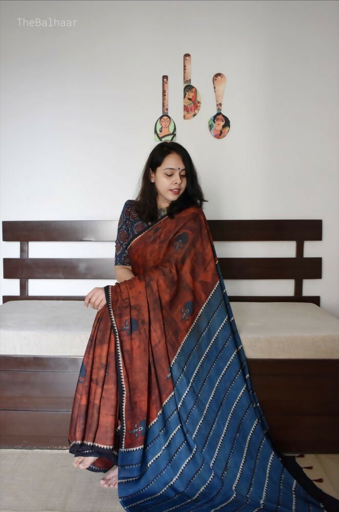 Brick and Navy Blue Dual Tone Silk Digital Printed Saree