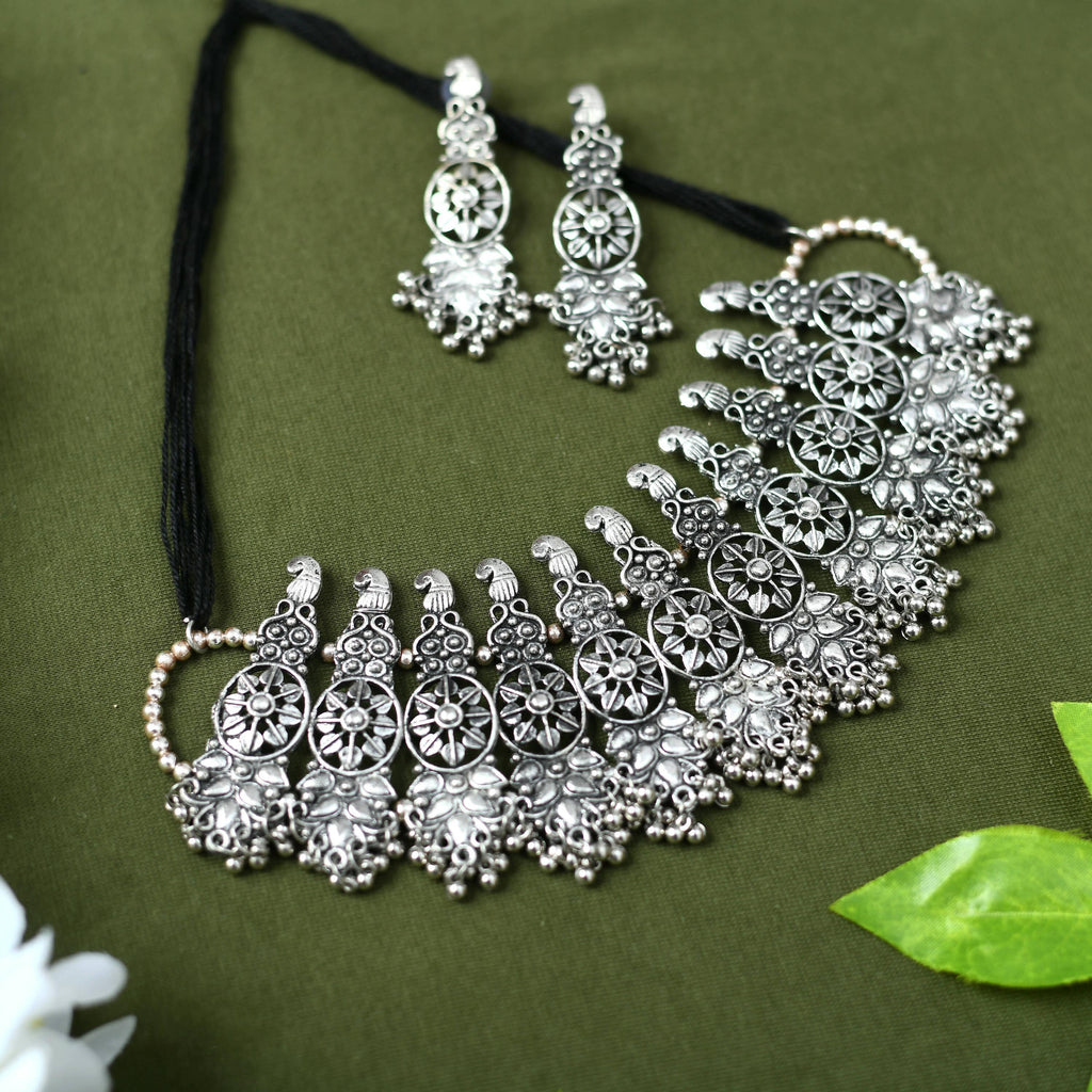 Johar Kamal oxidised silver-plated brass temple choker necklace with matching earrings