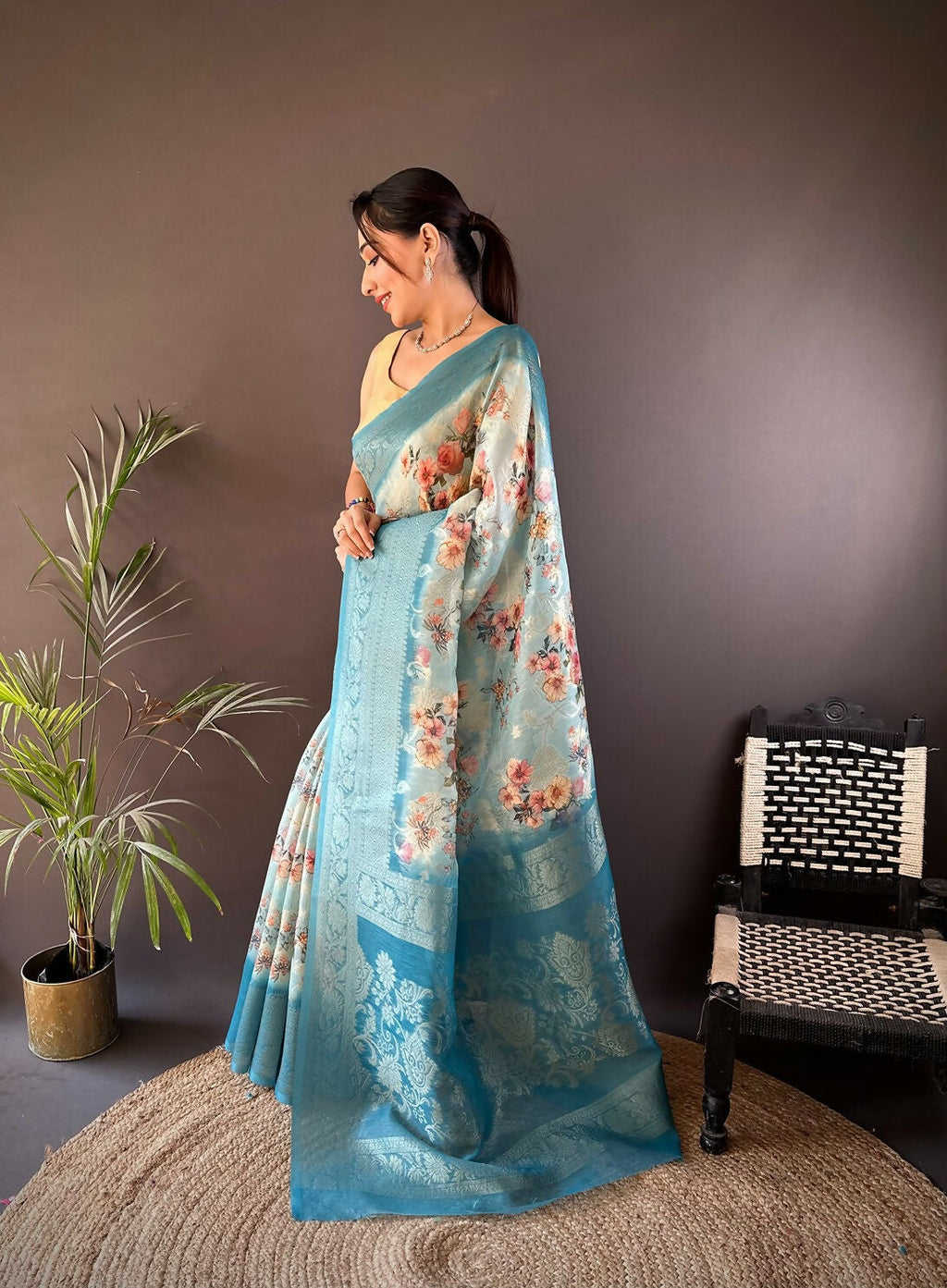 Sky Blue Floral Motifs Soft Silk Banarasi Saree for Women