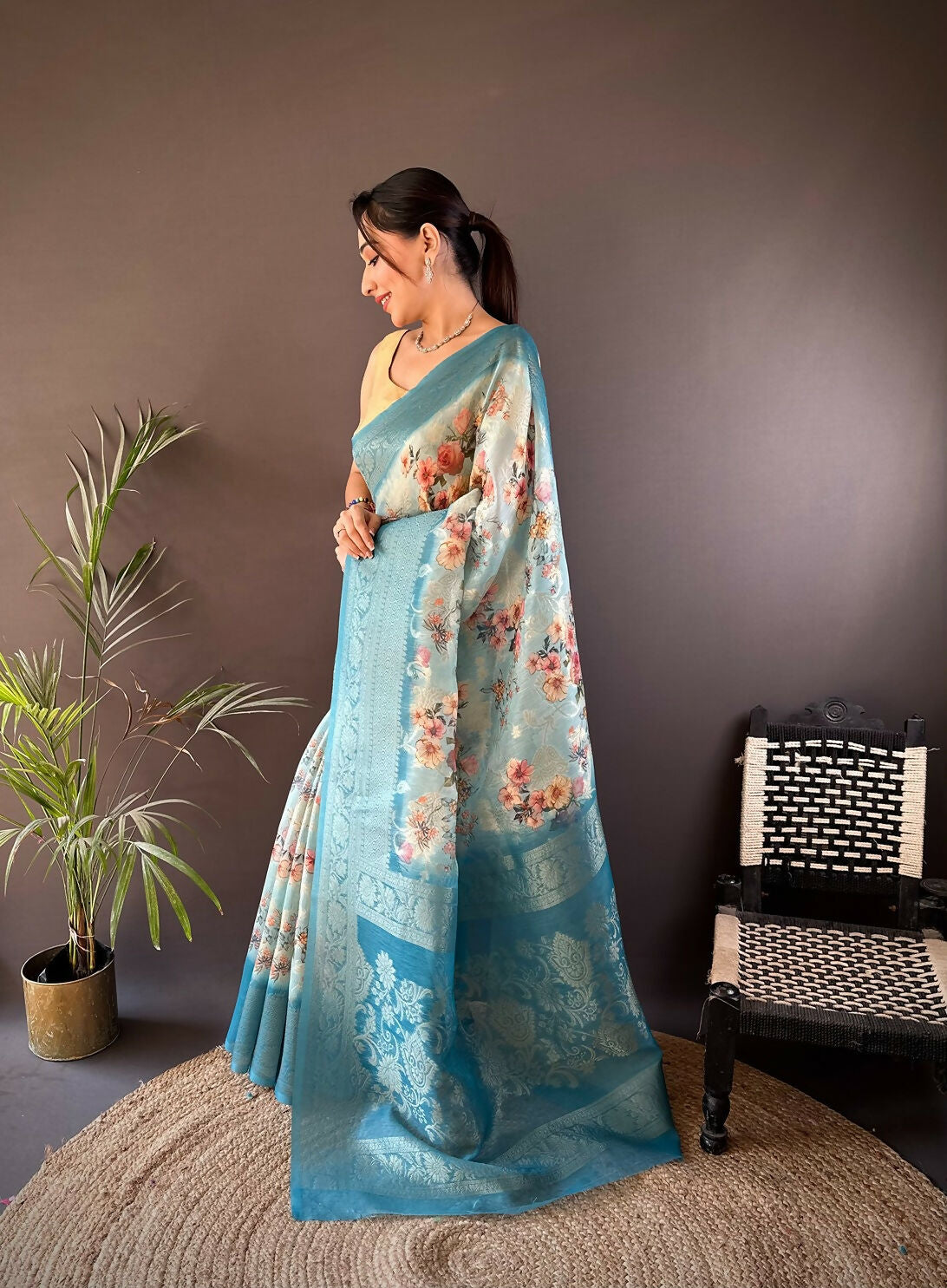 Sky Blue Floral Motifs Soft Silk Banarasi Saree for Women