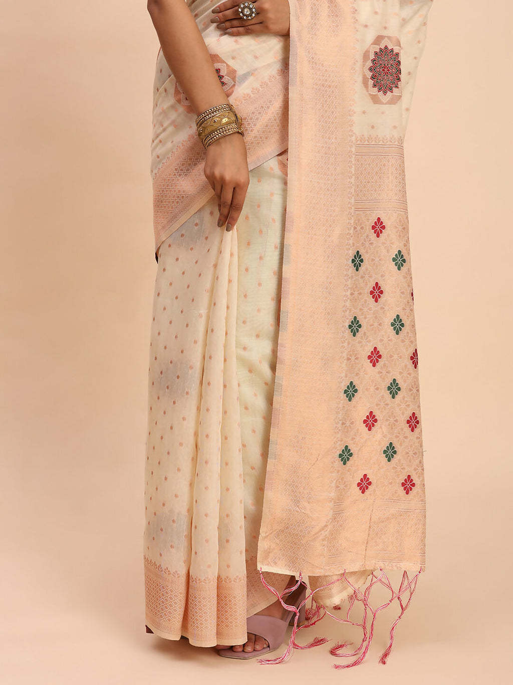 Shree Shyam Fashion Linen Cotton Off White Saree