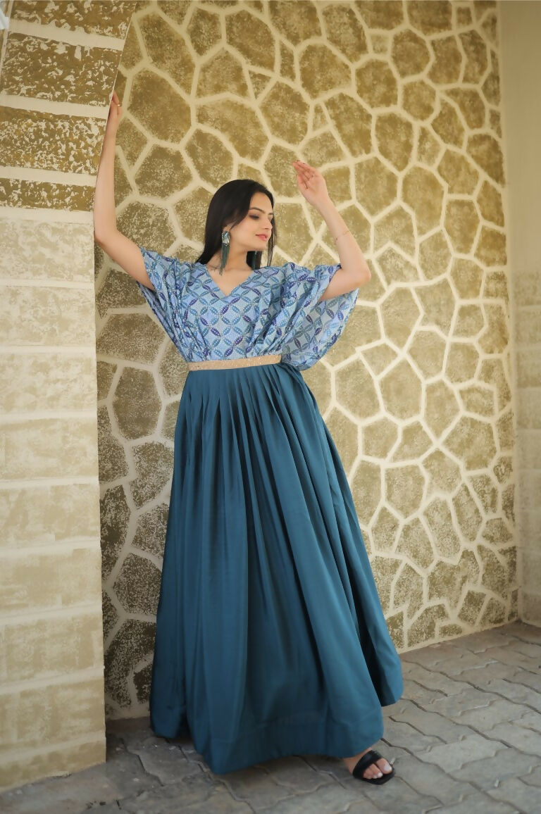 Teal Printed Chinon Anarkali Dress with Sequin Embellishments