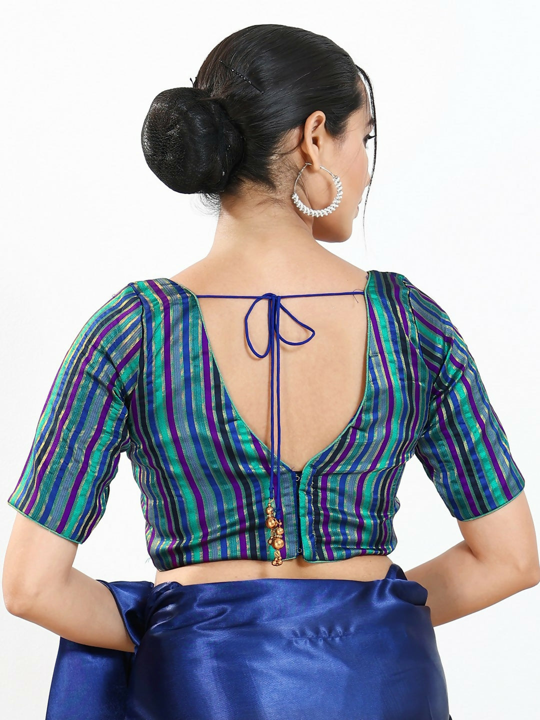 Blue Multi Brocade V-Neck Padded Blouse with Elbow Sleeves