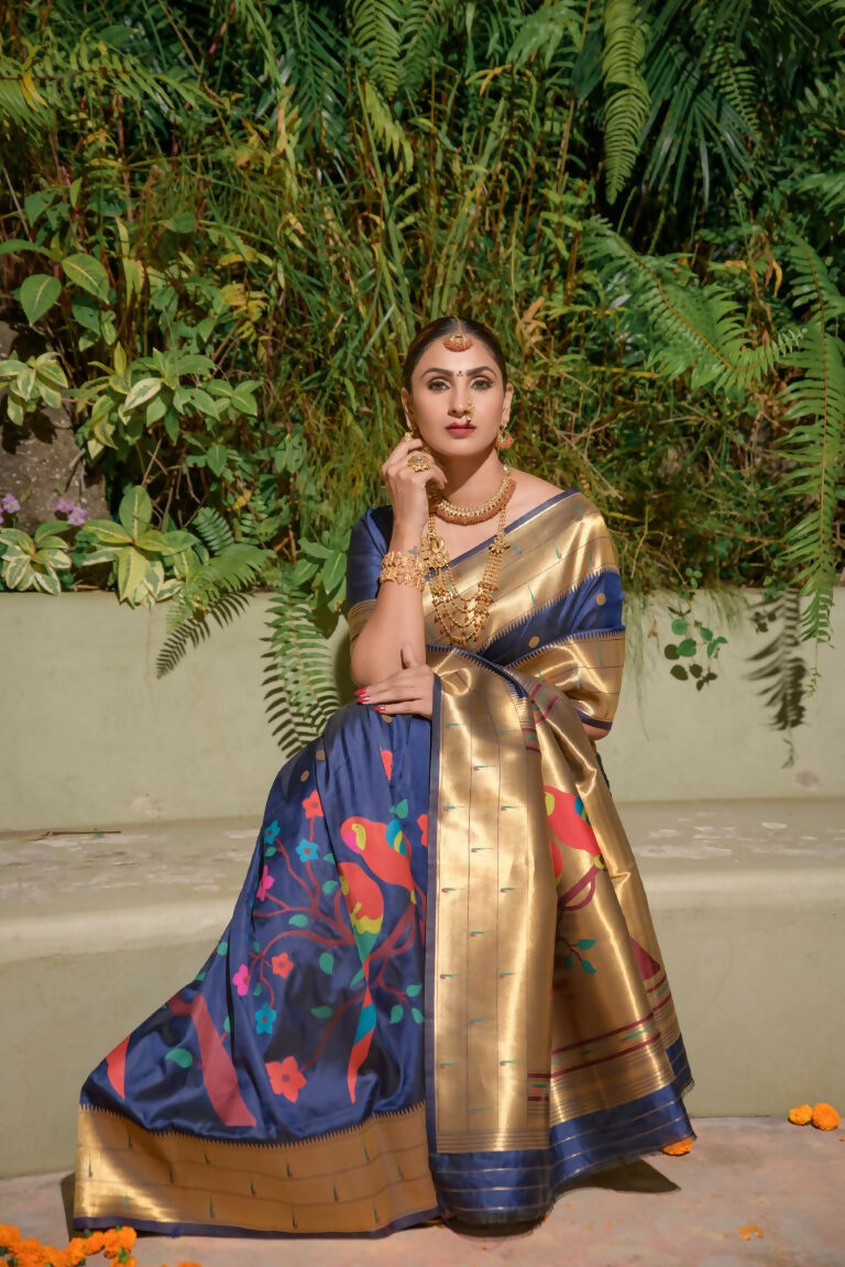 Navy Blue Paithani Silk Zari Woven Saree with Matching Blouse