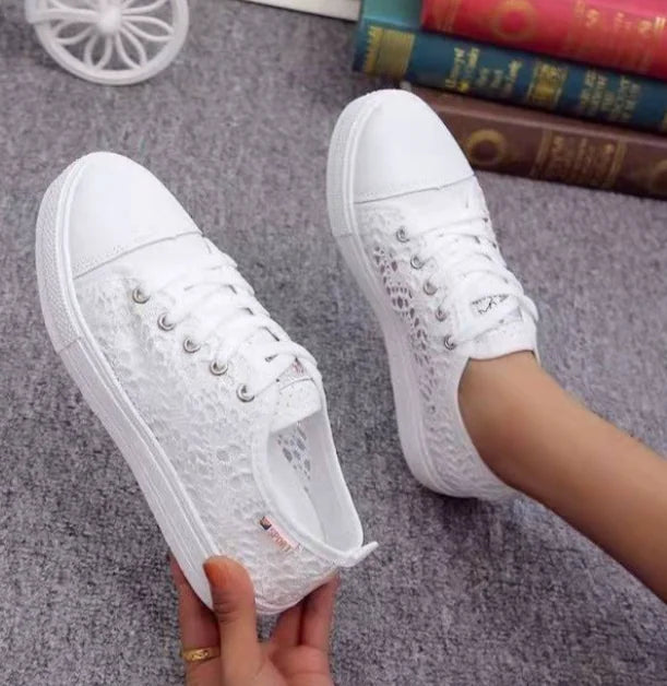 Women's White Lace Platform Sneakers Breathable Casual Shoes - Image 3