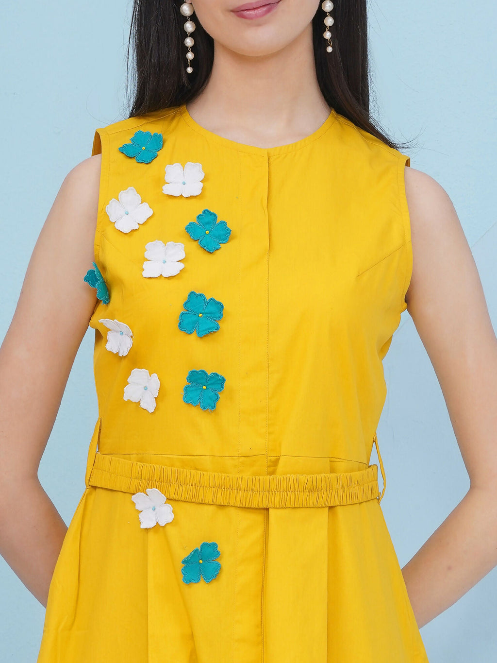 Yellow Dress with 3D Flower Embroidery and Belt