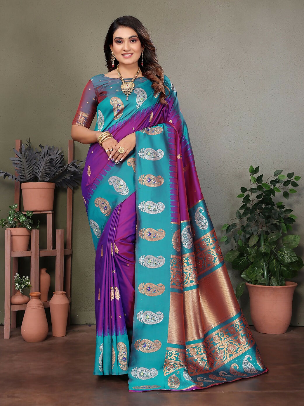 Elegant purple Banarasi soft silk saree with traditional butti motif