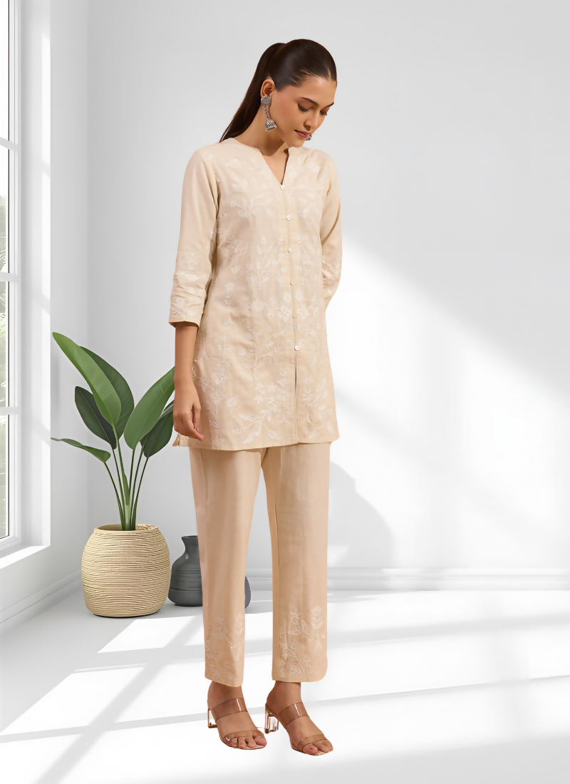 Cream Linen Embroidered Cord Set with Split V-Neck