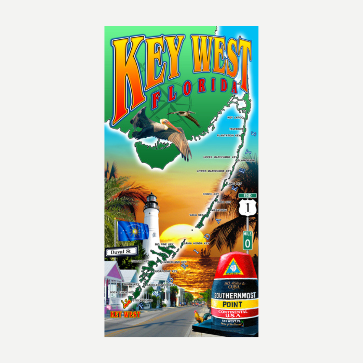 A rectangular beach towel featuring a map of Key West, Florida, the Southernmost Point buoy, a lighthouse, and tropical sunset imagery.