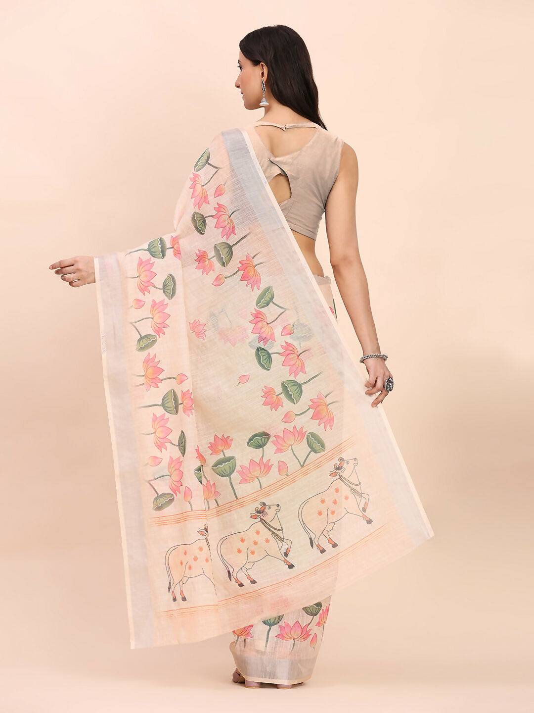 Peach Linen Cotton Saree with Matching Blouse Piece
