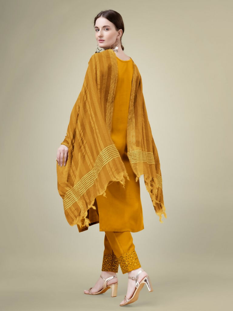 Jyoti Fashion Women's Mustard Cotton Blend Embroidery & Sequence work Kurta with Trouser & Dupatta