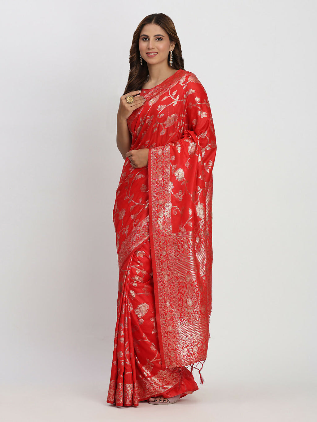 Red Banarasi Silk Saree with Matching Blouse Fabric