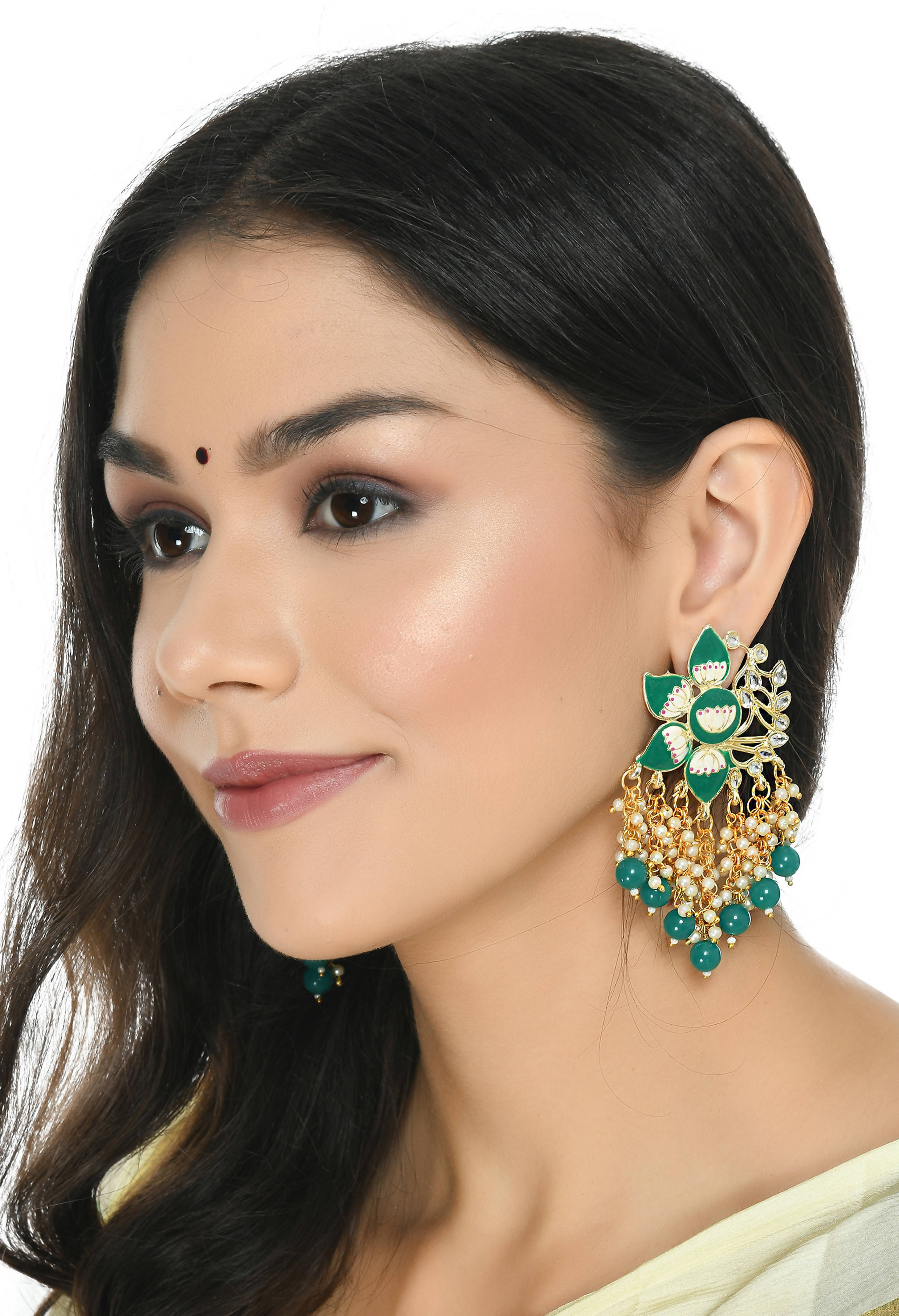 Gold-Polished Kundan Green Meenakari Earrings for Parties