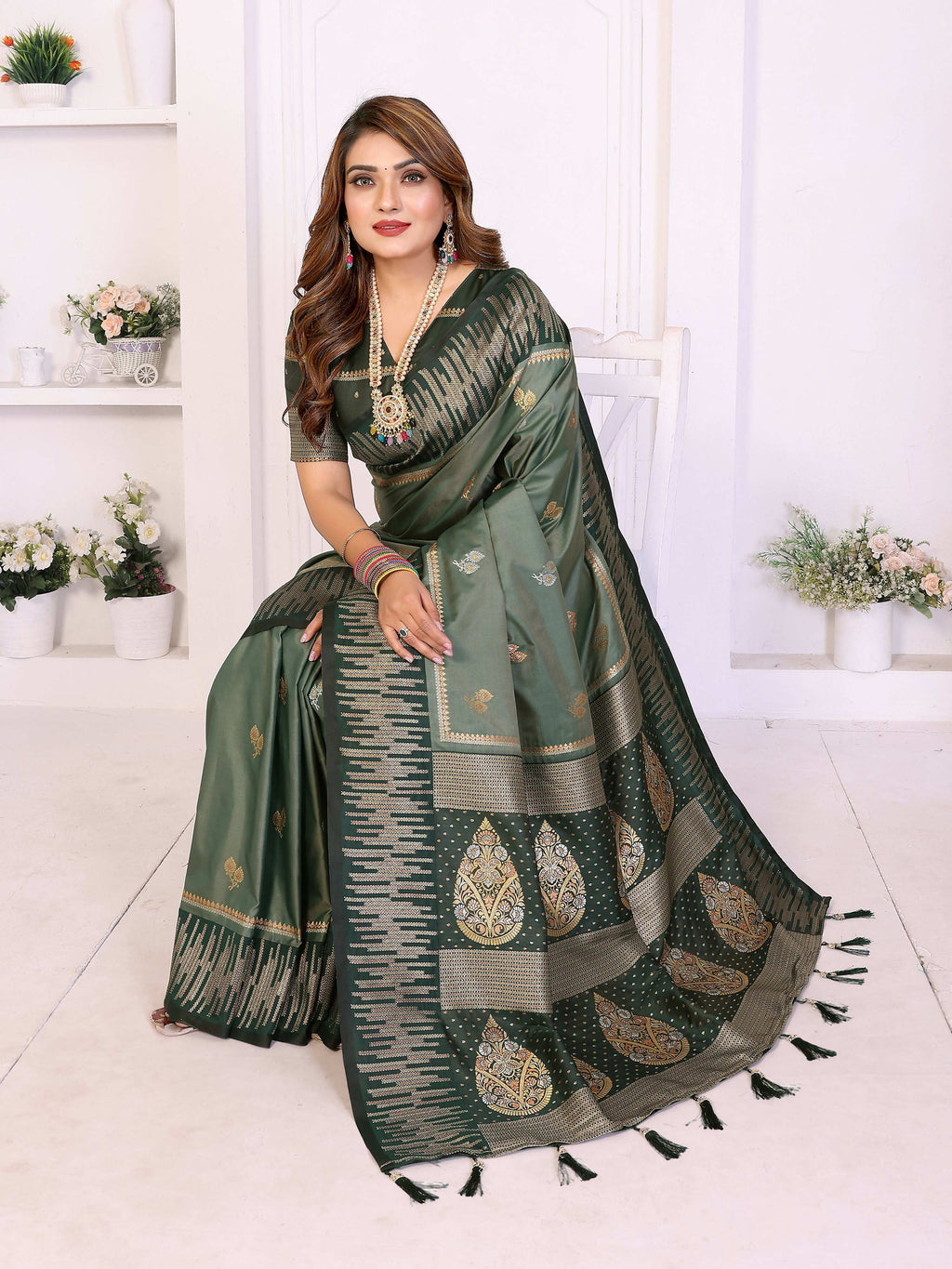 Mehndi South Soft Silk Zari Weaving Saree with Classic Drape