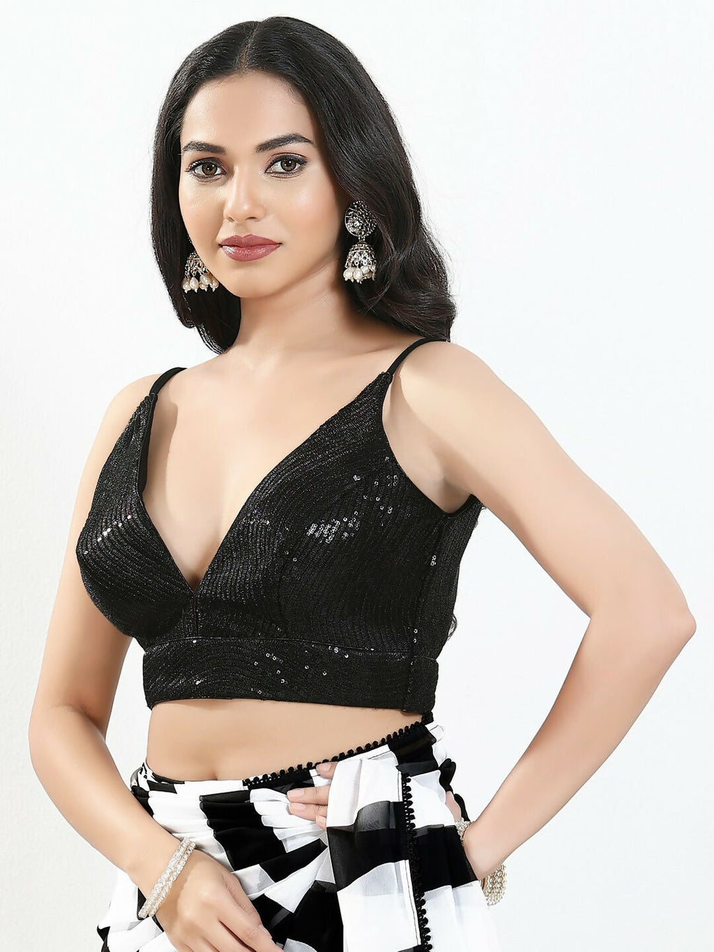 Black Sequin Padded Sleeveless V-Neck Blouse