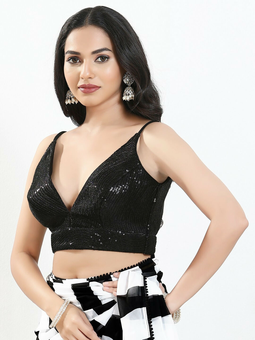 Black Sequin Padded Sleeveless V-Neck Blouse