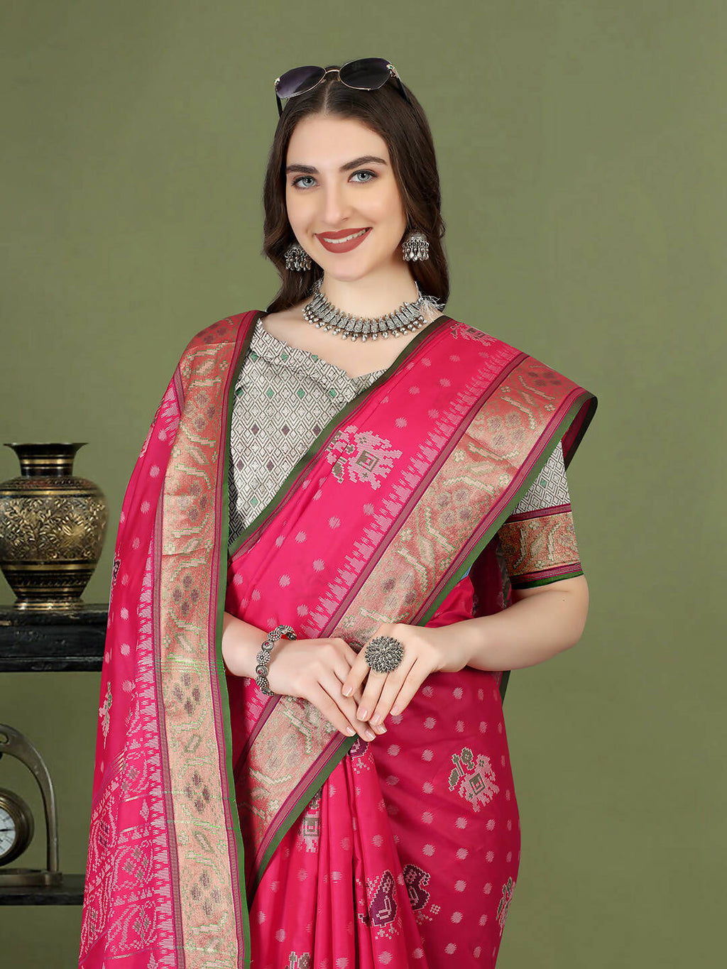 Pink Patola Silk Saree with Zari Meenakari Woven Design
