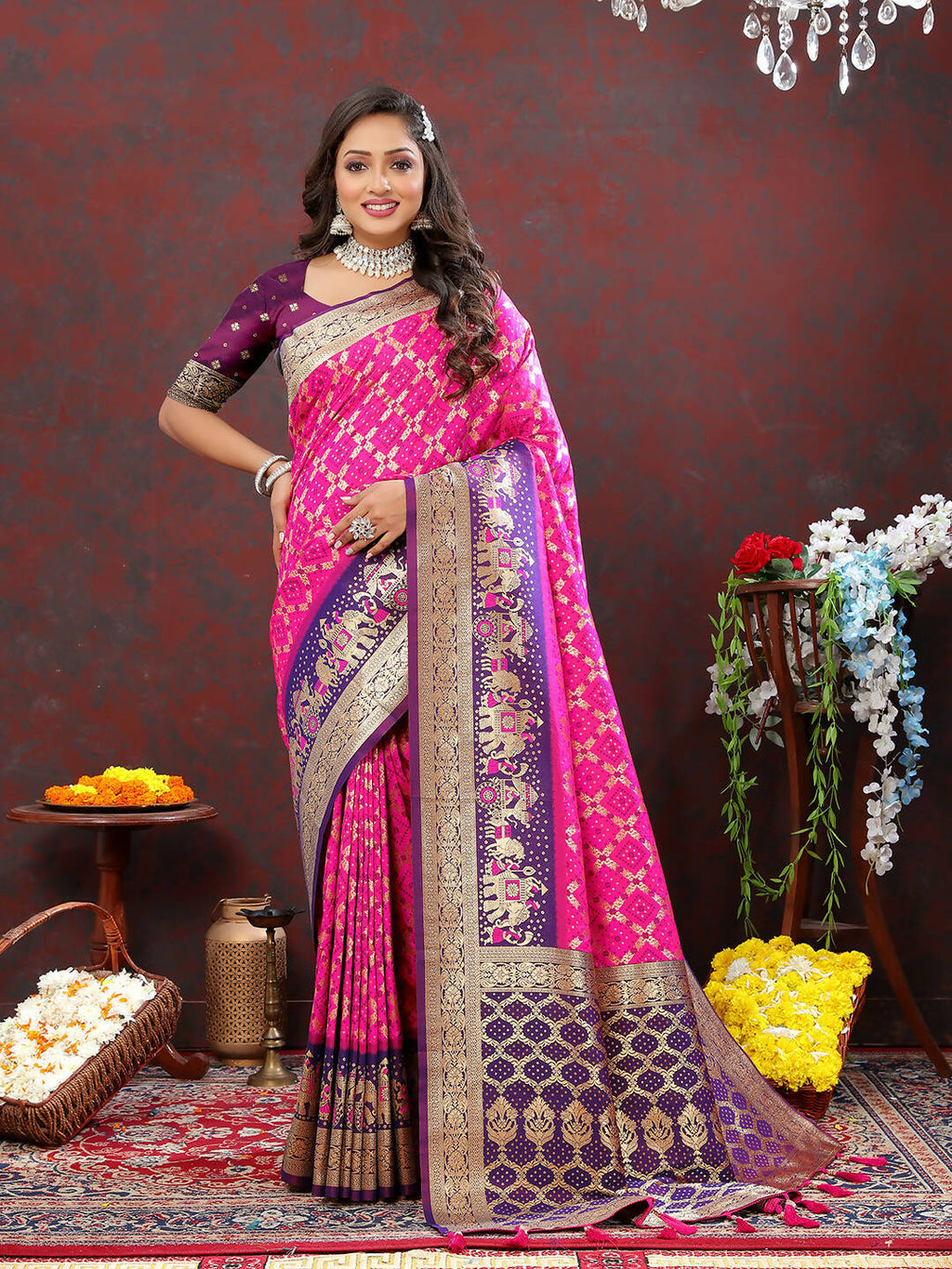 Magenta & Wine Patola Silk Saree with Meenakari Weaving
