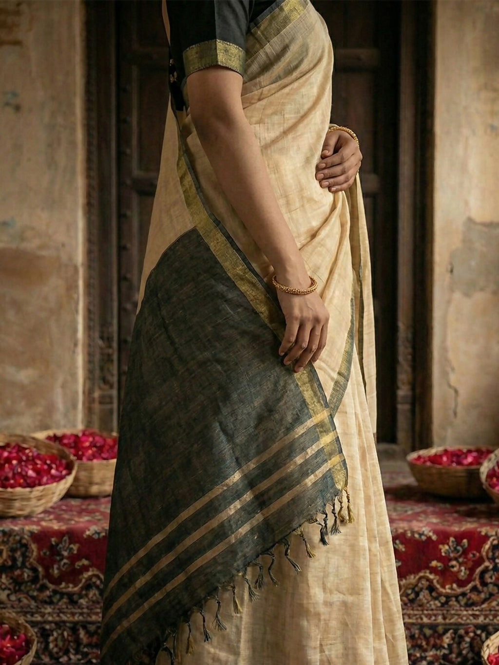 Elegant Beige Cotton Saree with Contrast Black Blouse