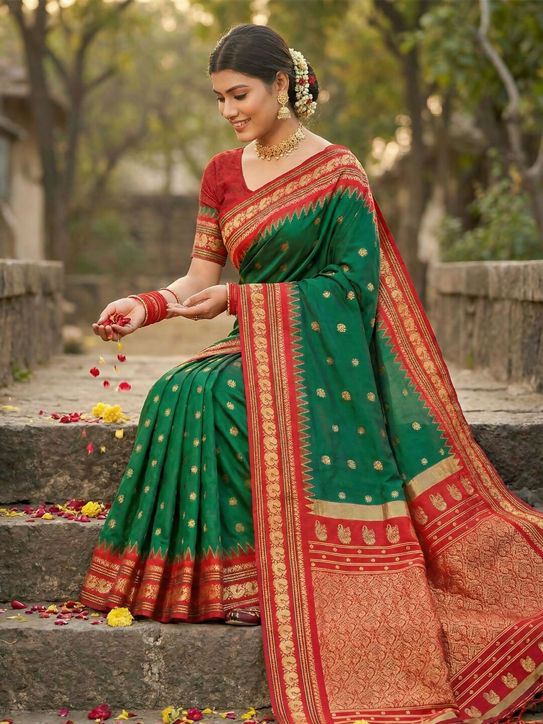 Green Soft Silk Saree with Matching Blouse