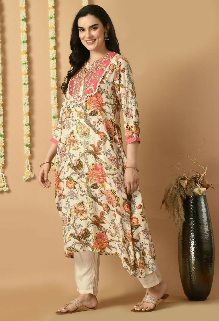 White Maslin Kurta Set with Cotton Bottom - Elegant Ethnic Suit
