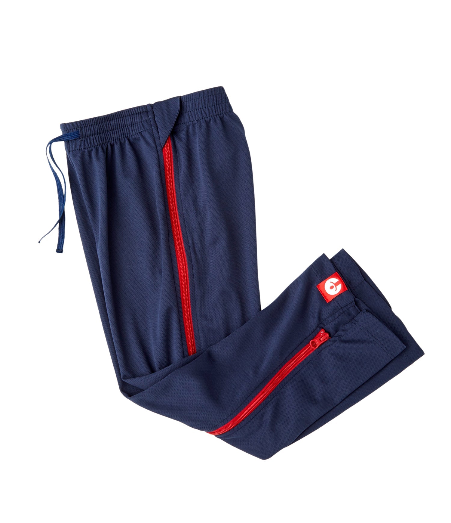 Youth lightweight adaptive pants in blue with red full-length side zippers and pull-on elastic waistband.