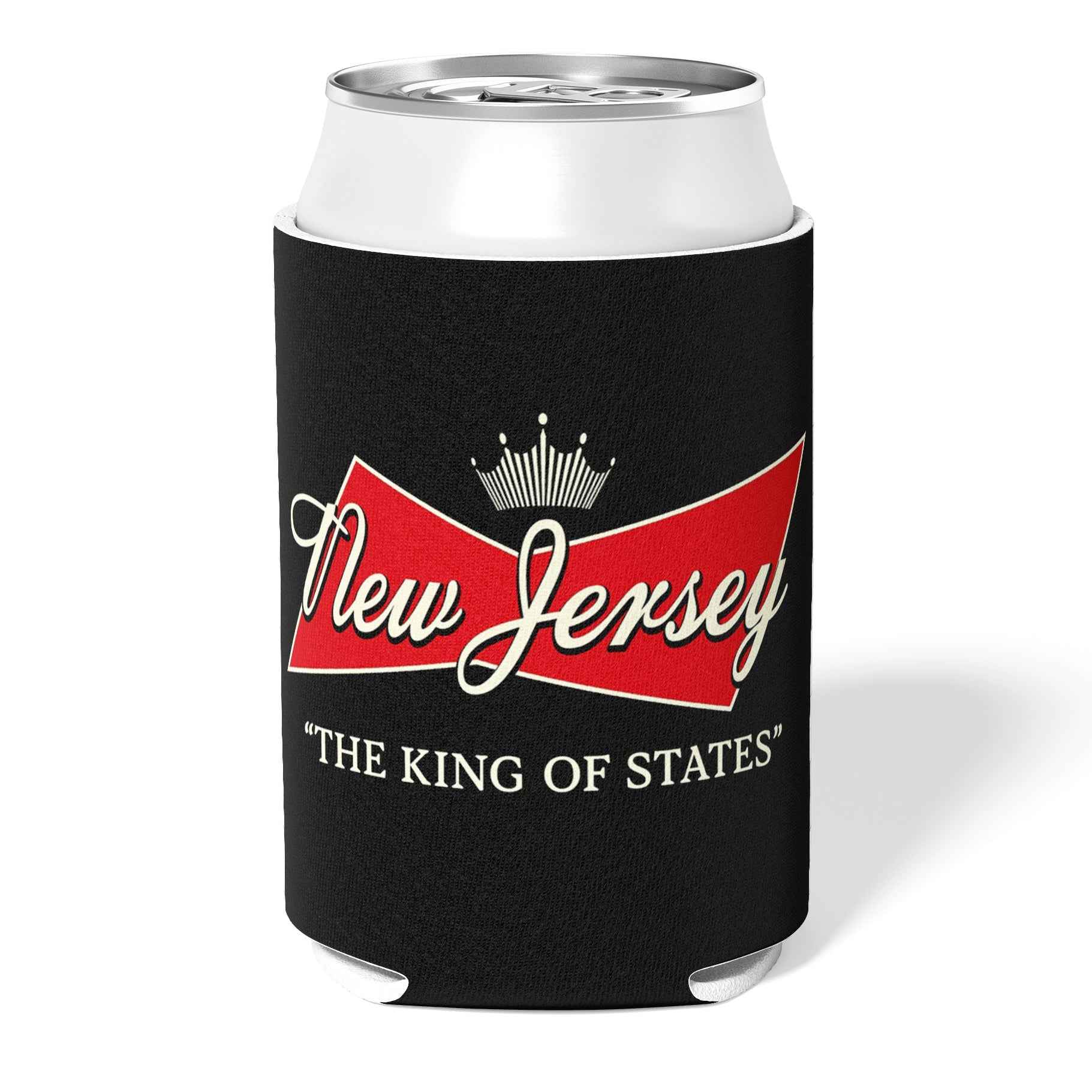 King of States New Jersey themed can cooler in black, red, and white.