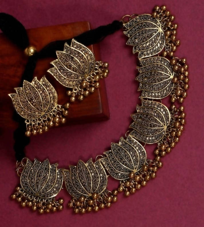 Golden Oxidised Lotus Choker Necklace Set for Ethnic Party Wear