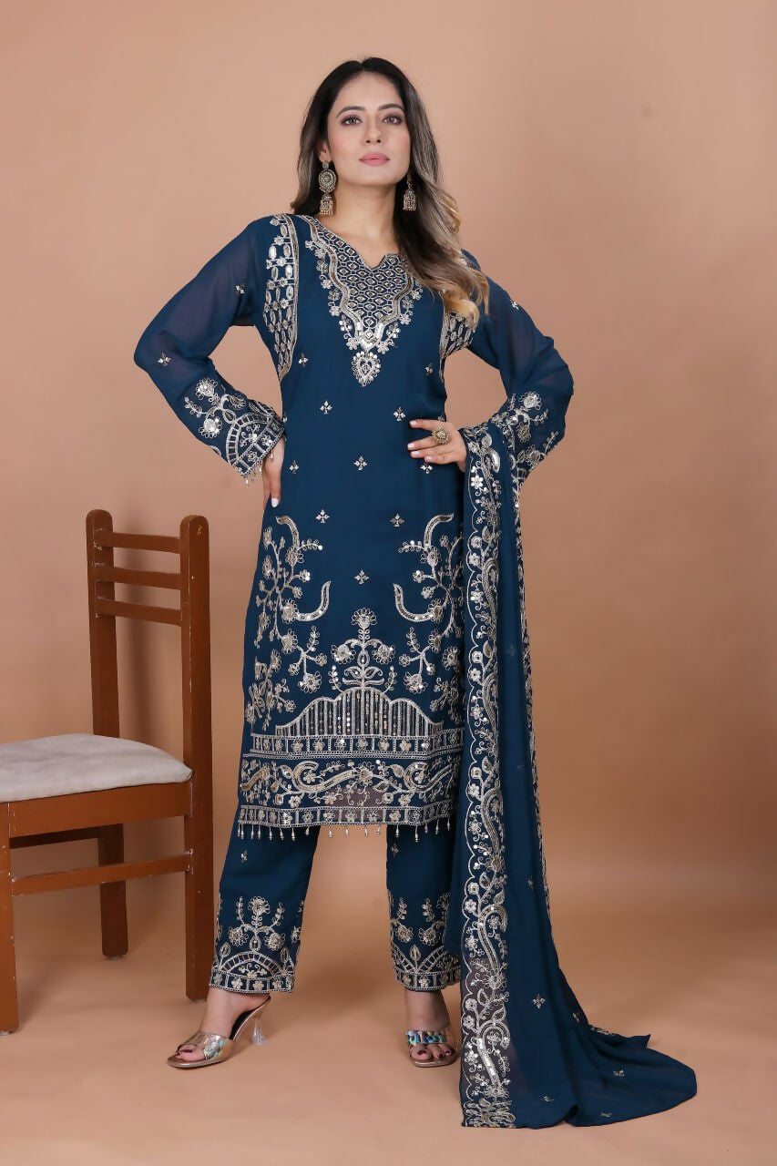 Blue georgette embroidered kurti with detailed craftsmanship